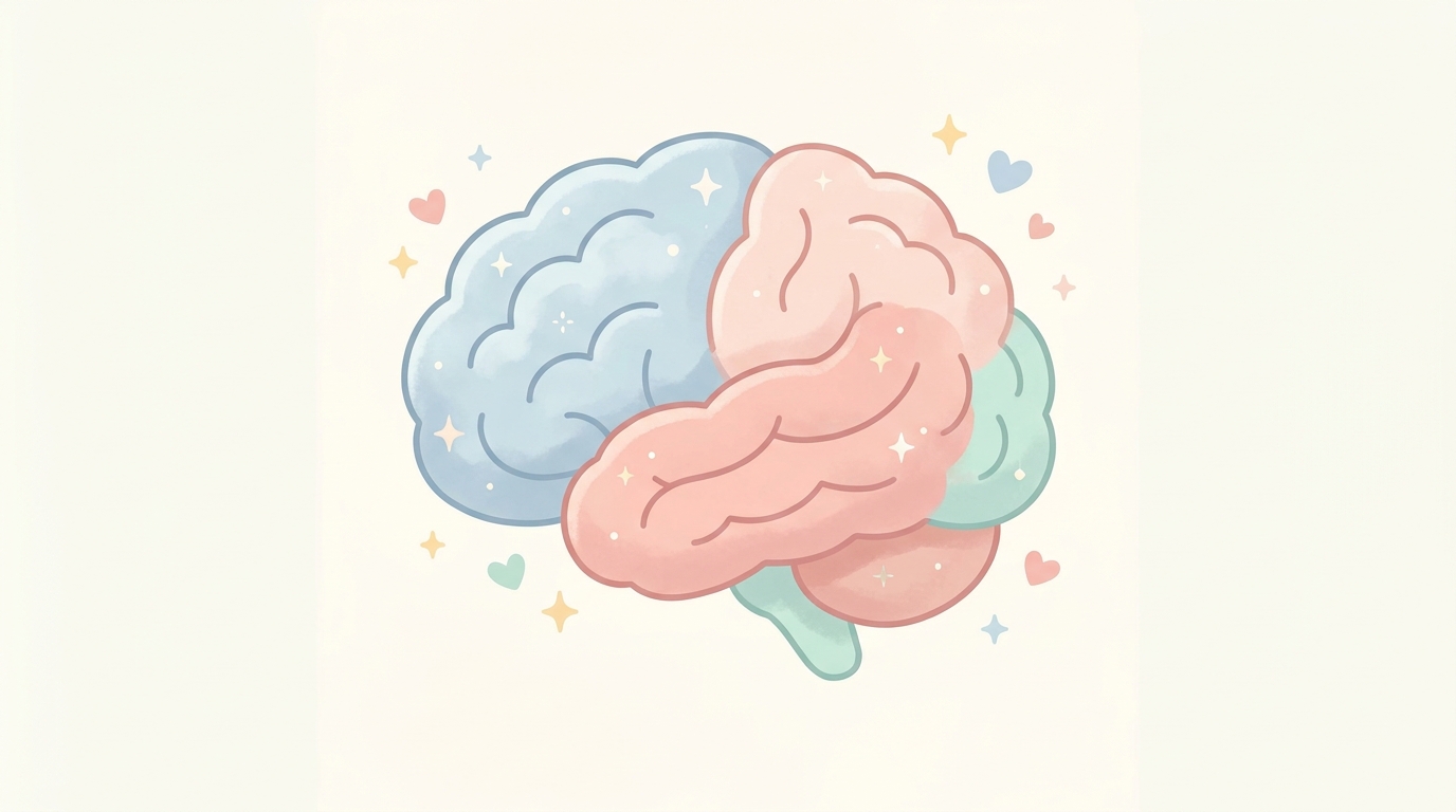 脳のイラストで前頭前野と大脳辺縁系を色分けして示した、優しいタッチの解説図