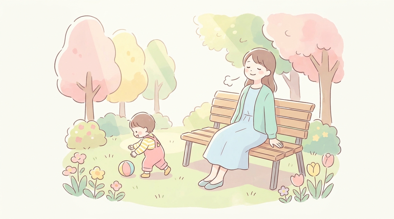 公園のベンチで深呼吸をしながら笑顔で子どもを見守る母親と、近くで遊ぶ2歳の子どもの穏やかな日常風景
