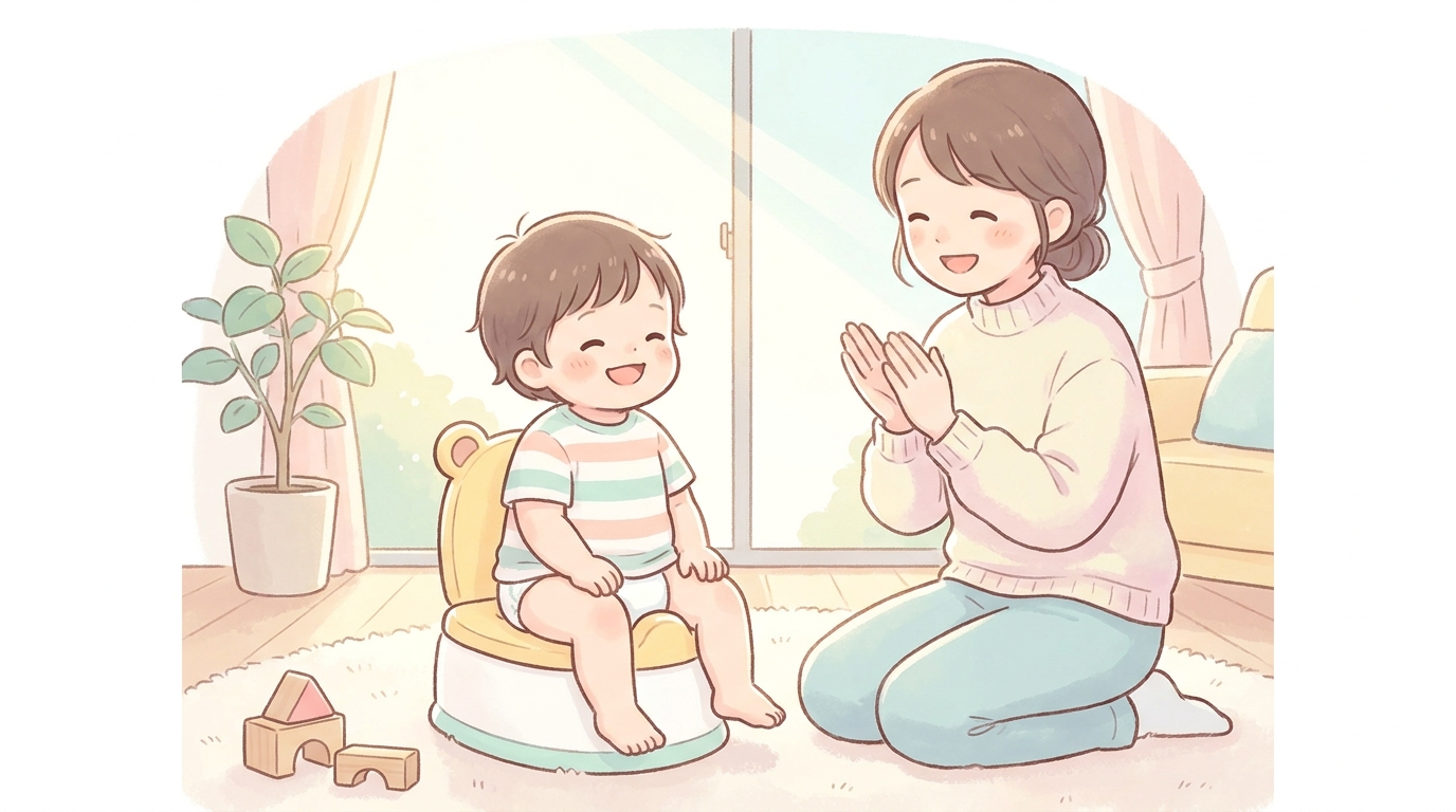 明るいリビングで補助便座に座った2歳の子どもとにこやかに見守る母親の温かい雰囲気