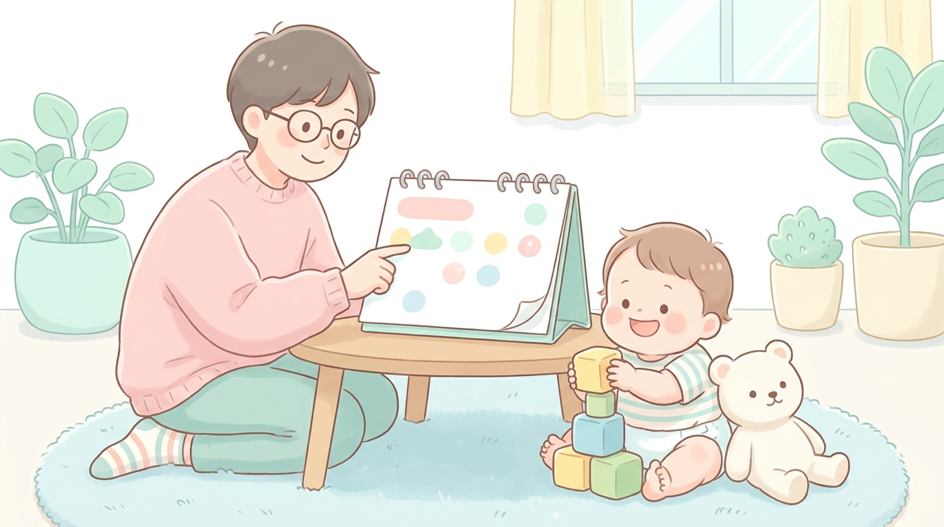 カレンダーを見ながらトイレトレーニング開始時期を考える親と隣で遊ぶ2歳の子ども