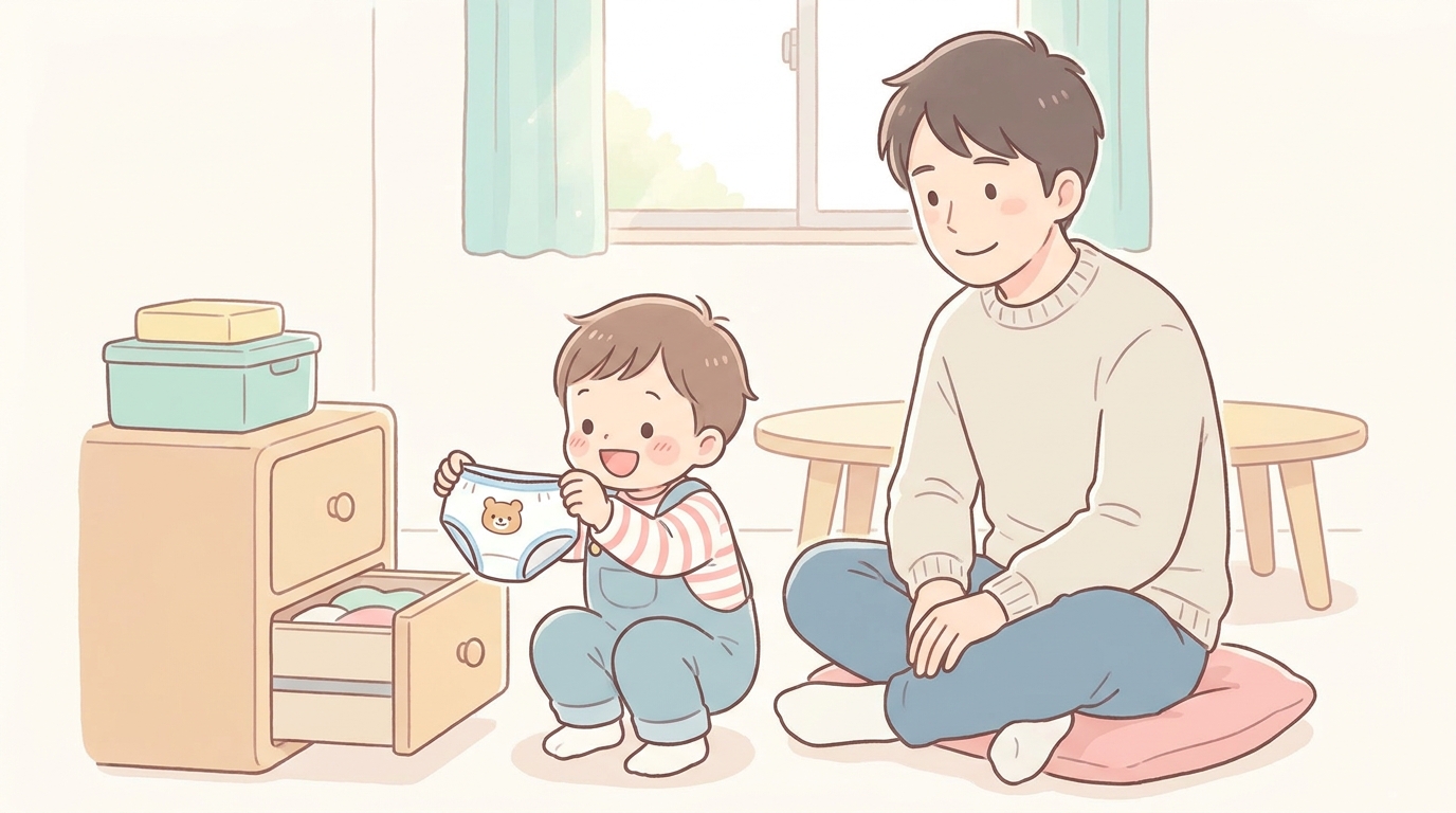 お気に入りのキャラクターのパンツを嬉しそうに選ぶ2歳の子どもと一緒に微笑む父親
