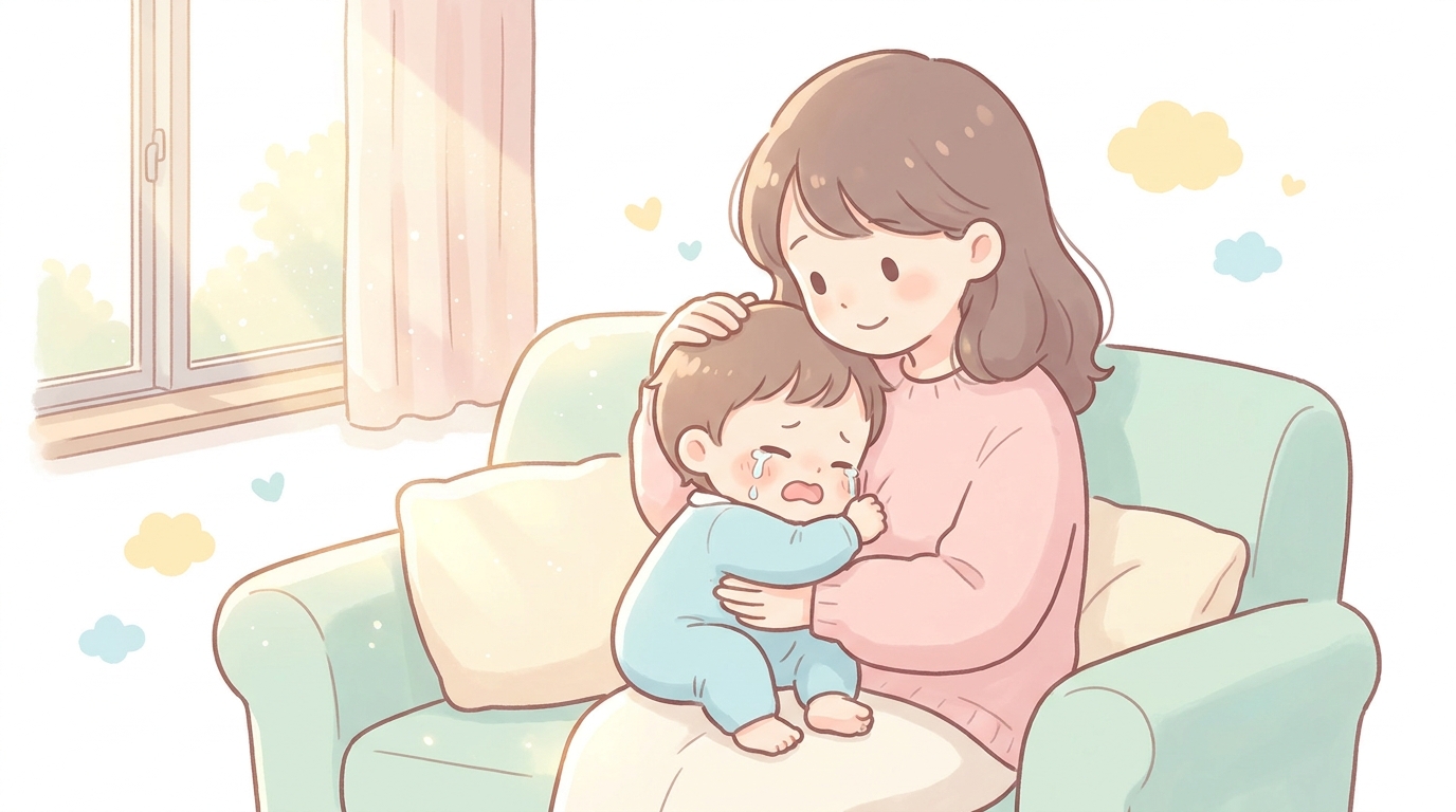 リビングのソファでイヤイヤ期の2歳児が泣きながらママの腕に抱きつき、ママが優しく頭をなでている柔らかな自然光のシーン