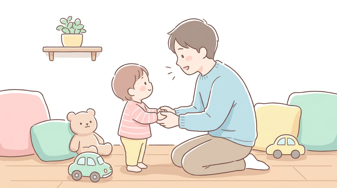 床に座って2歳の子どもと目線を合わせ、両手をやさしく握りながら気持ちを言葉にして語りかけるパパの温かい家庭のワンシーン