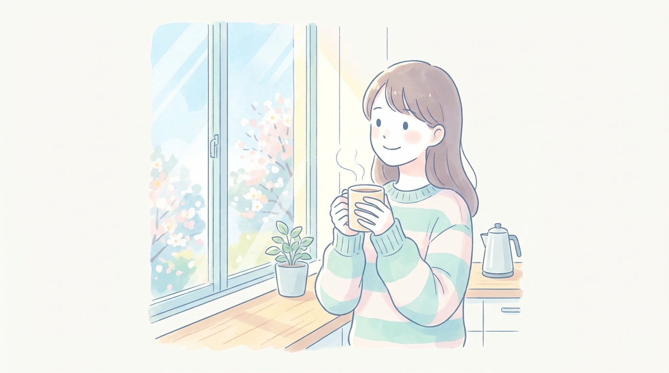 キッチンで湯気の立つマグカップを両手で持ち、窓辺で穏やかに微笑む30代の女性。やわらかな朝の光が差し込むリラックスした雰囲気