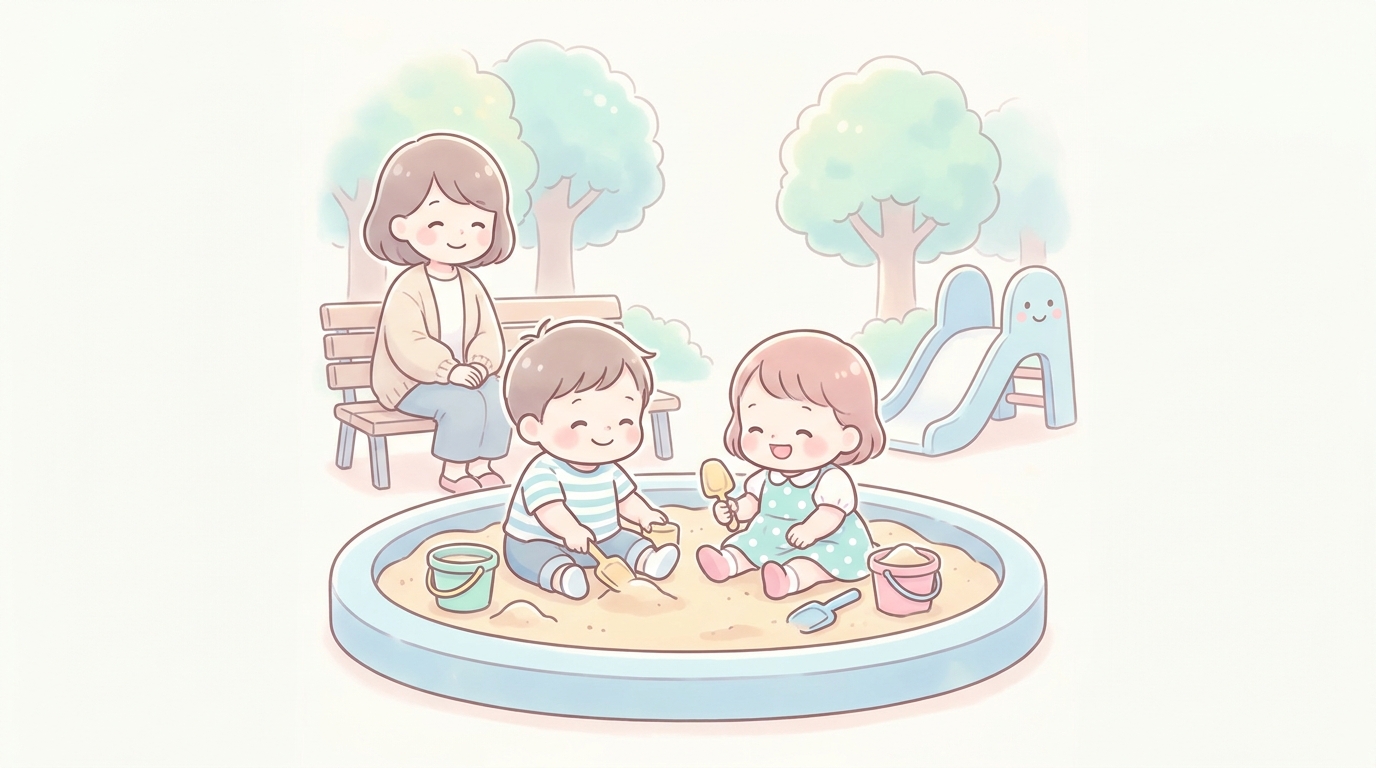 公園の砂場で並んで遊ぶ2歳くらいの子ども2人と、後ろで優しく見守る母親の温かな日常風景