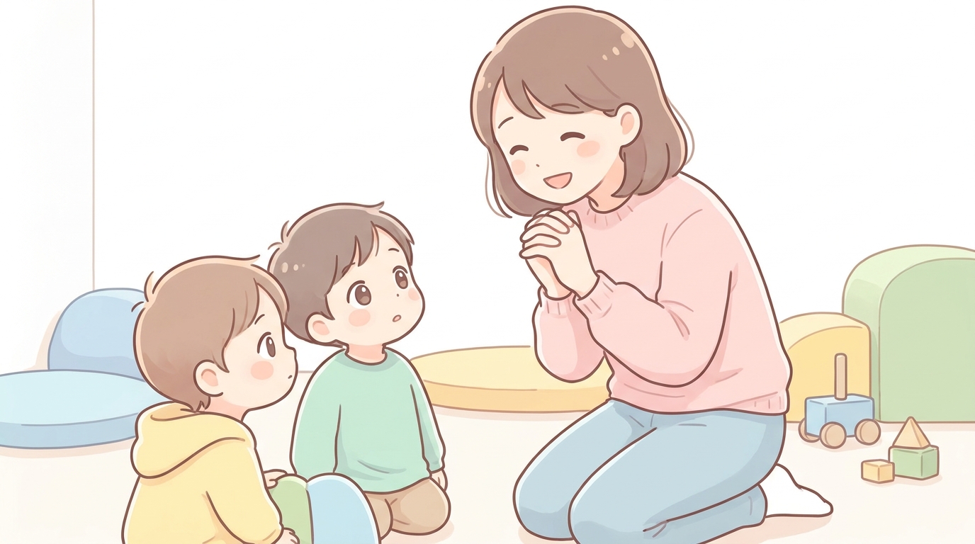 室内の遊び場でしゃがみ込み、子ども2人の間に入って優しく語りかける母親と、こちらを見上げる子どもの真剣な表情