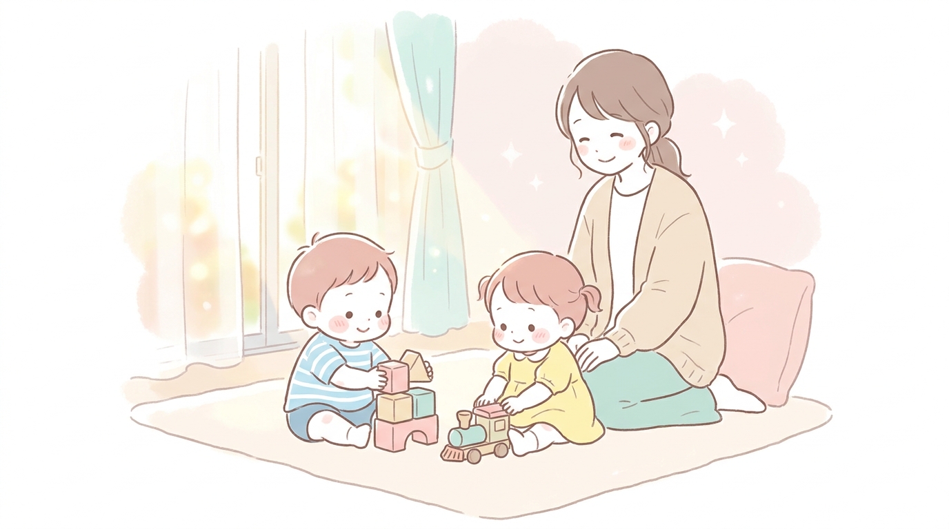 木のおもちゃで一緒に遊び始めた2人の子どもを、優しい笑顔で見守る母親の柔らかい光に包まれた室内シーン