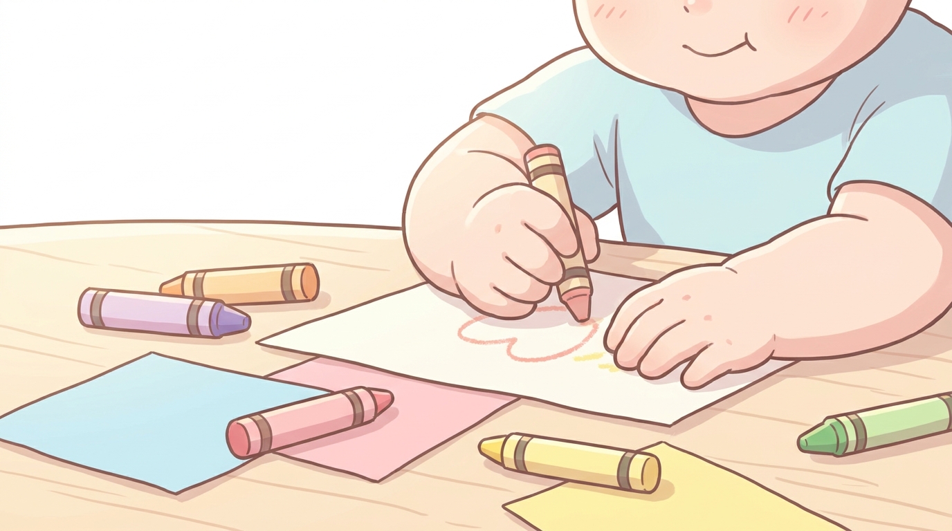 木製のテーブルでクレヨンと色画用紙を使って楽しそうに工作する2歳の子どもの手元
