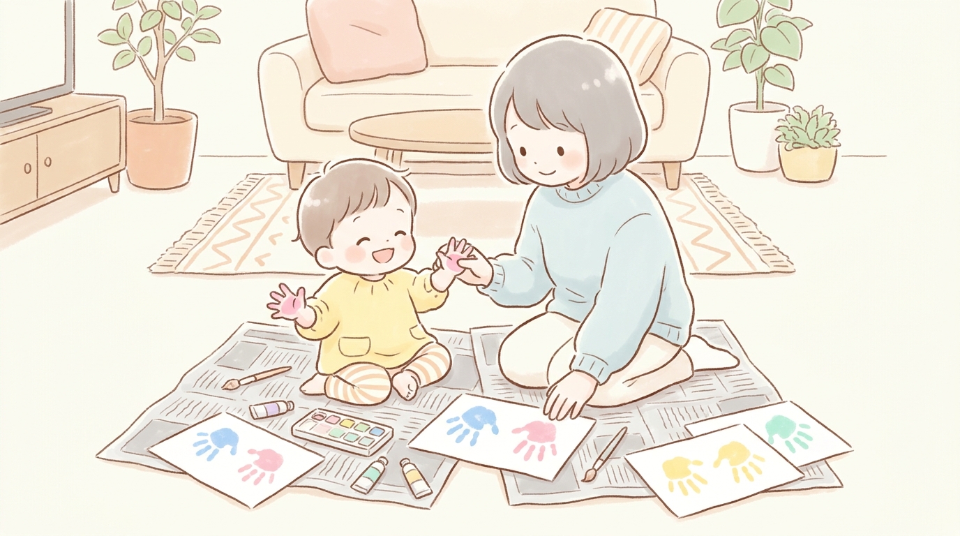 リビングの床に新聞紙を敷いて、絵の具で手形アートを楽しむ親子の様子