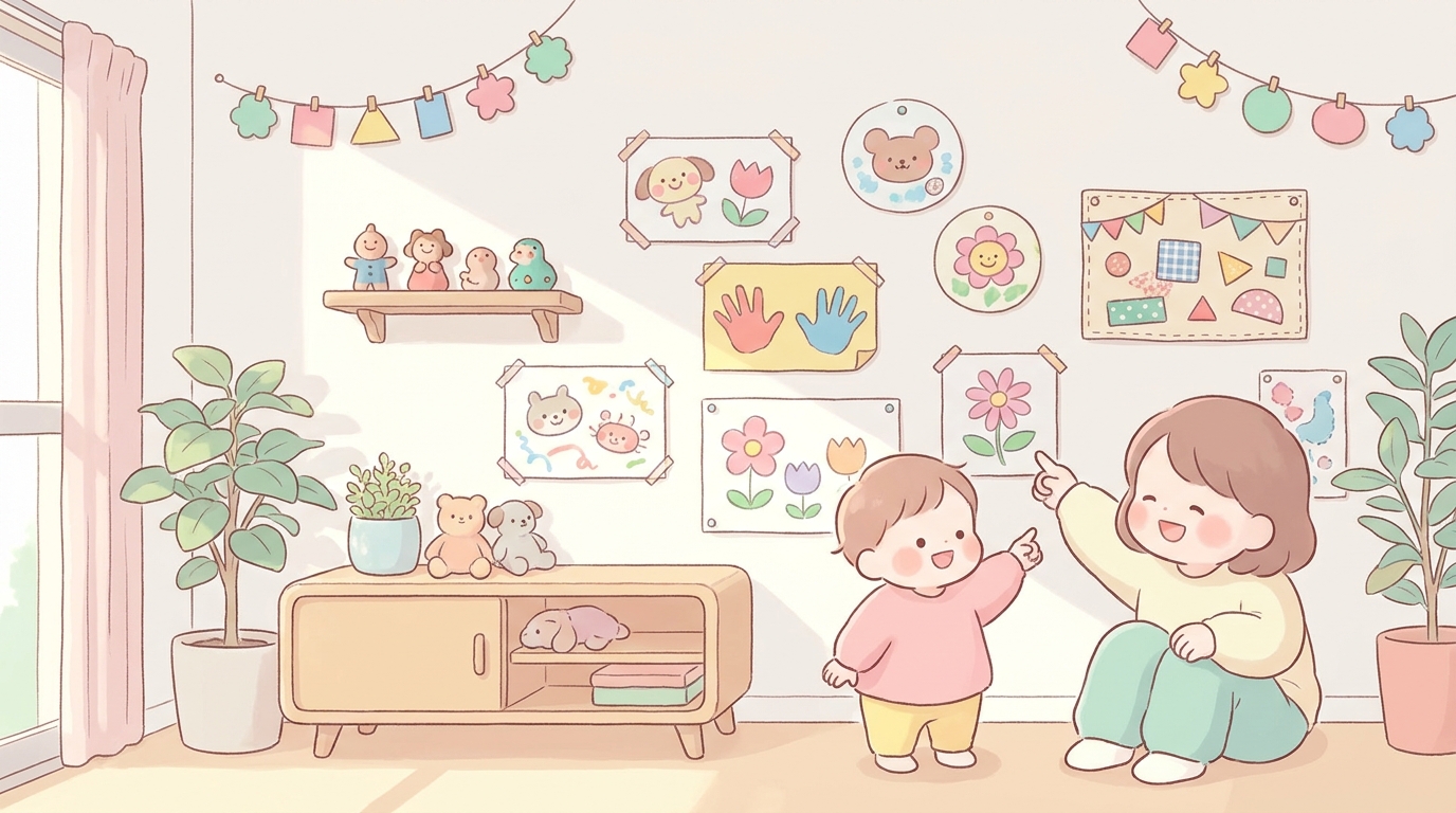 壁に子どもの工作作品をたくさん飾った明るいリビングルームの一角