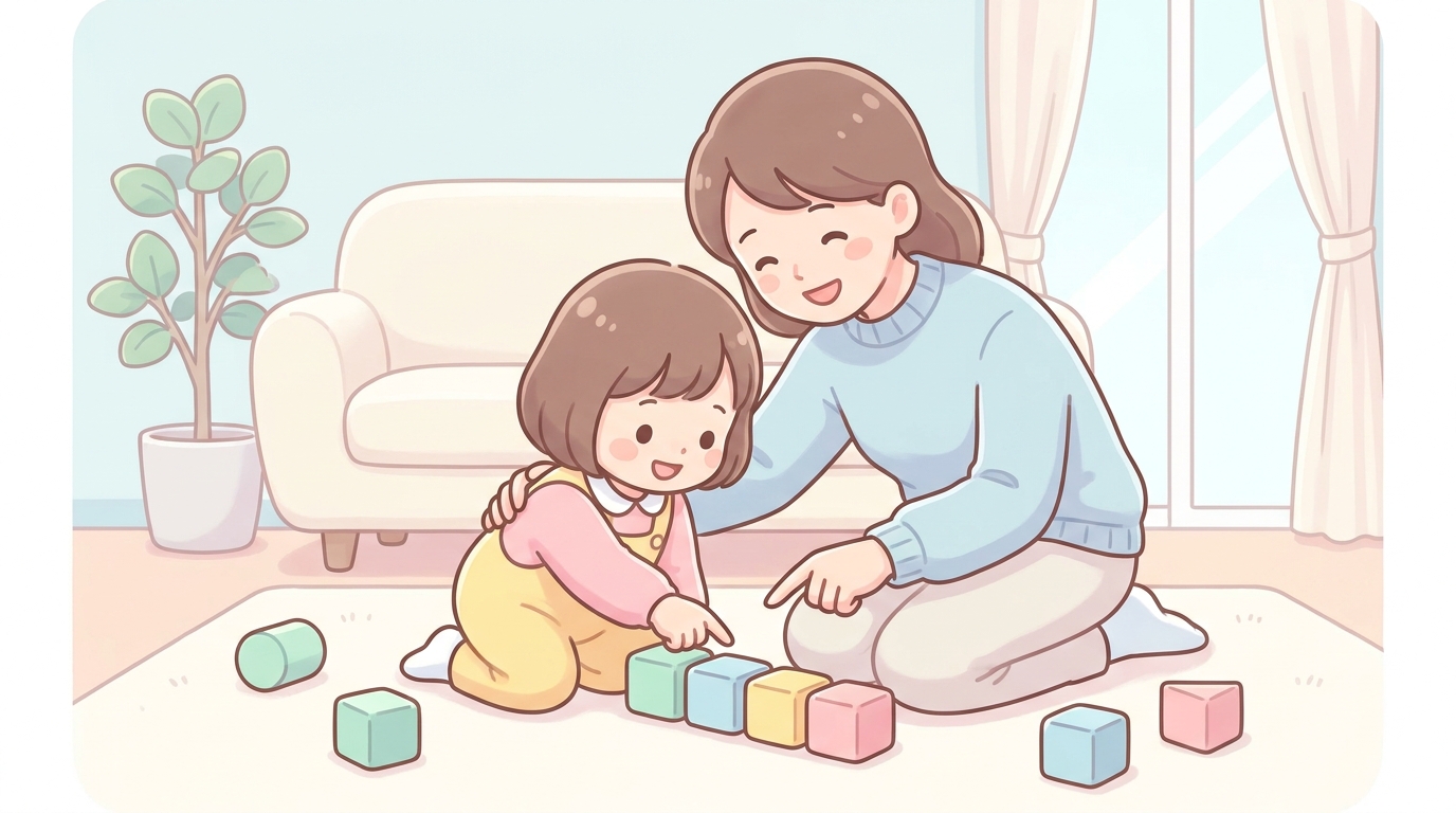 リビングの床で積み木を並べながら指差しして数を数える2歳の女の子と笑顔で寄り添う母親