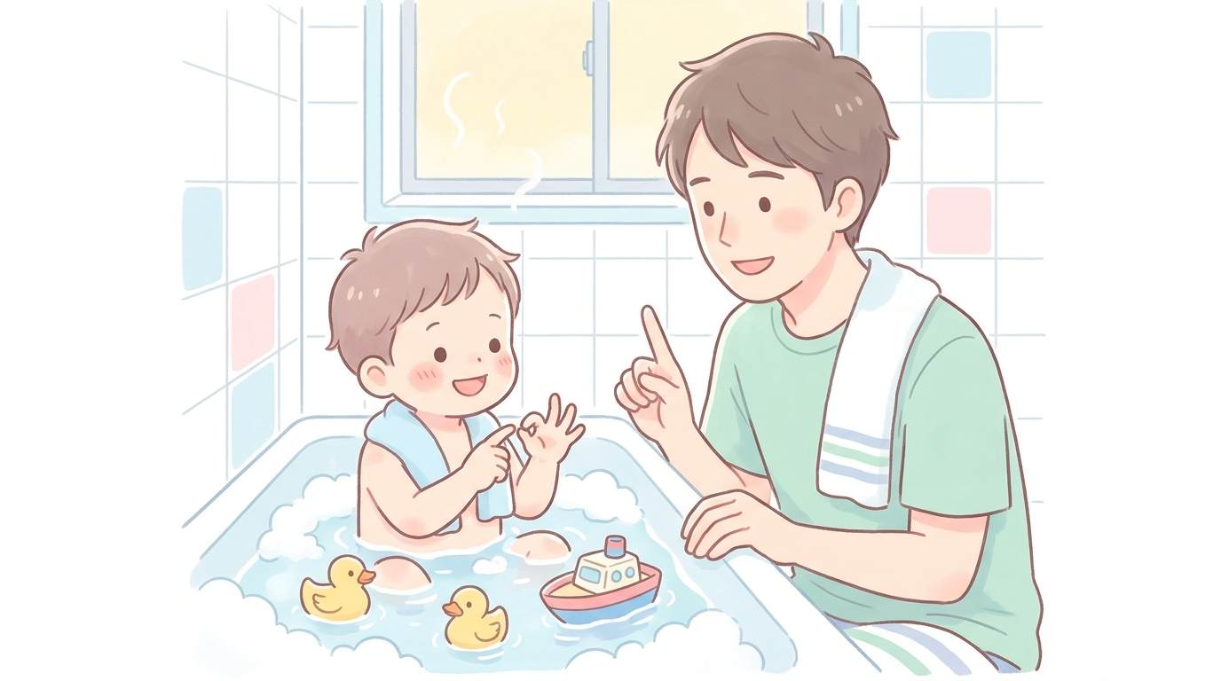 お風呂の湯船の中で指を折りながら数を数える2歳の男の子と優しく見守る父親
