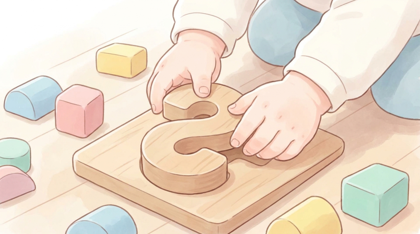 木製の数字パズルで遊ぶ2歳児の小さな手元のクローズアップと床に広がるカラフルなブロック