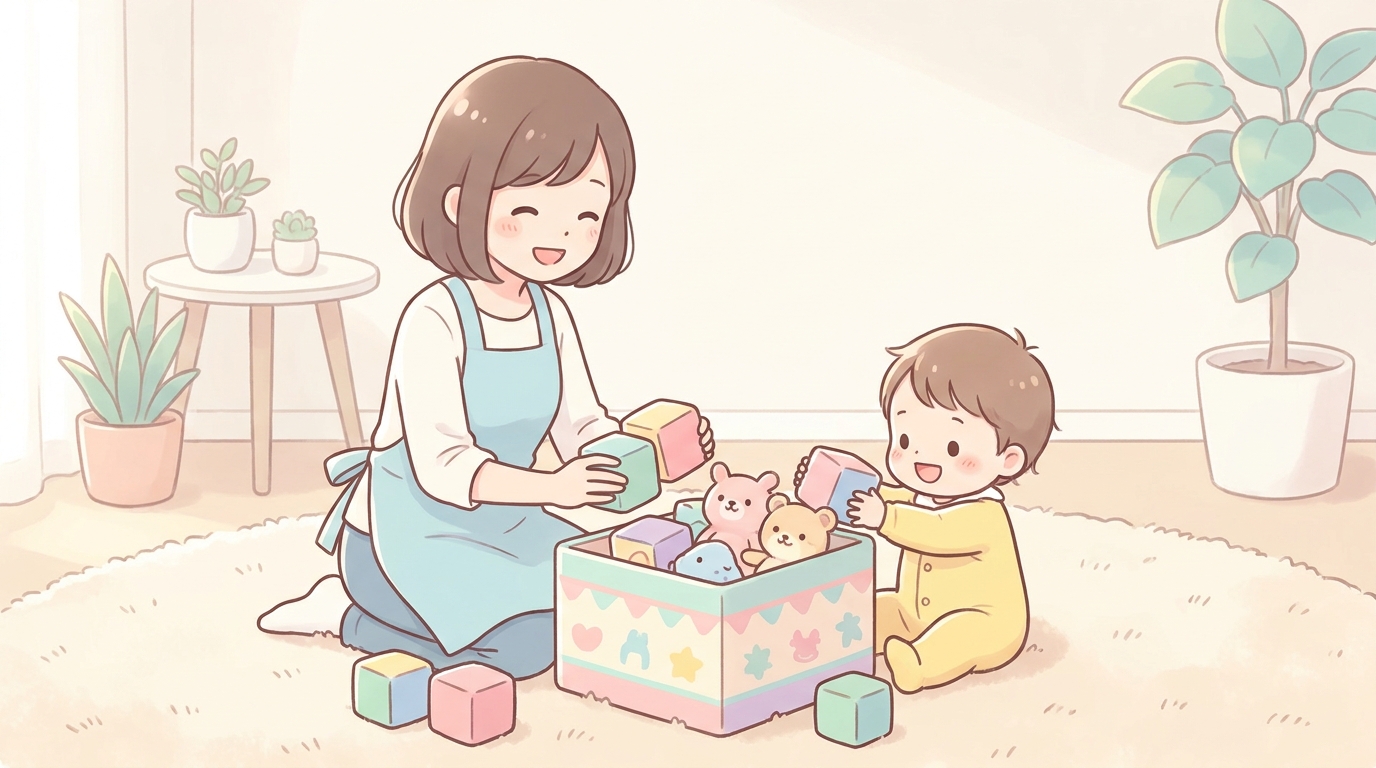 お母さんと2歳くらいの子どもが笑顔でおもちゃを箱に入れている温かい家庭のシーン