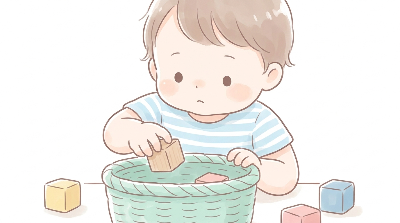 2歳の子どもが小さなカゴにブロックを片付けている真剣な表情のクローズアップ