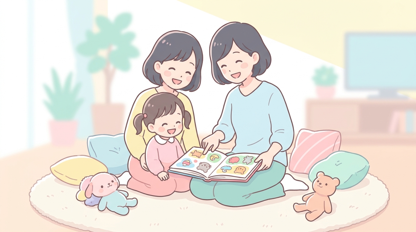 リビングのカーペットの上で母親と一緒にカラフルなひらがな絵本を指さしながら笑顔で見ている2歳の女の子