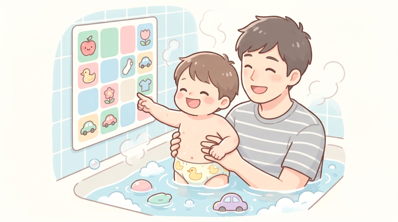 お風呂の壁に貼られたカラフルなあいうえお表を指さして親子で笑い合っている入浴中の2歳の男の子と父親