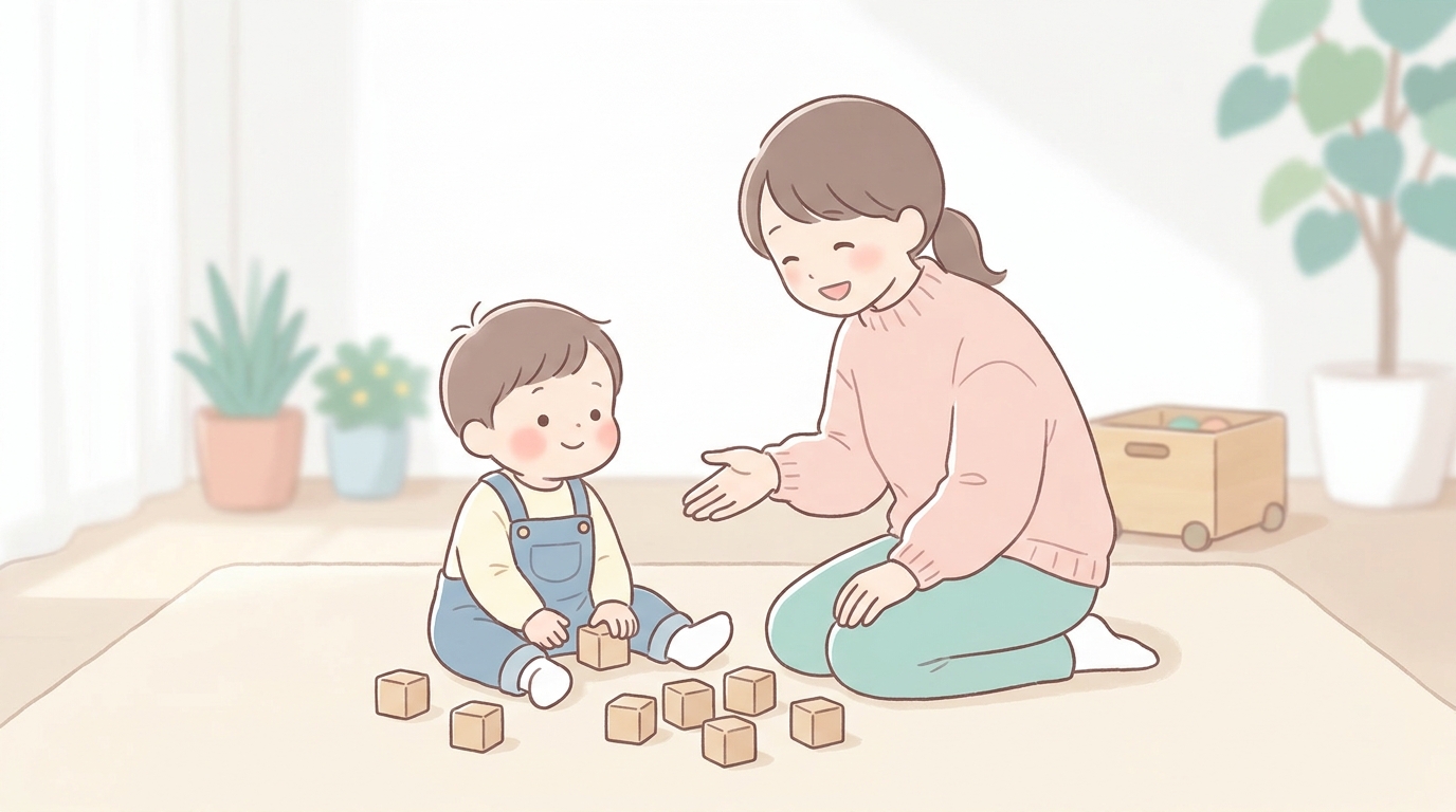 木製のひらがな積み木を床に並べて遊ぶ2歳の子どもと、優しく見守りながら声をかけている母親の温かい家庭のシーン