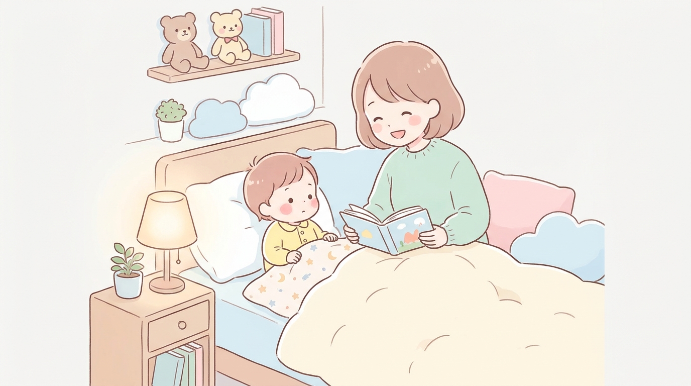 寝室で絵本を読んでもらいながら布団でくつろぐ2歳の子どもと優しく寄り添う母親の温かい光景