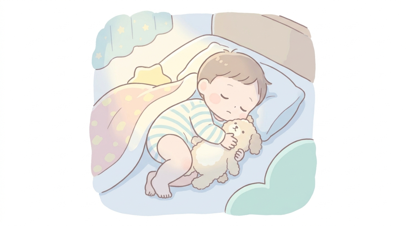薄暗い寝室でぬいぐるみを抱きしめながら安心して眠る2歳の子どもの穏やかな寝顔