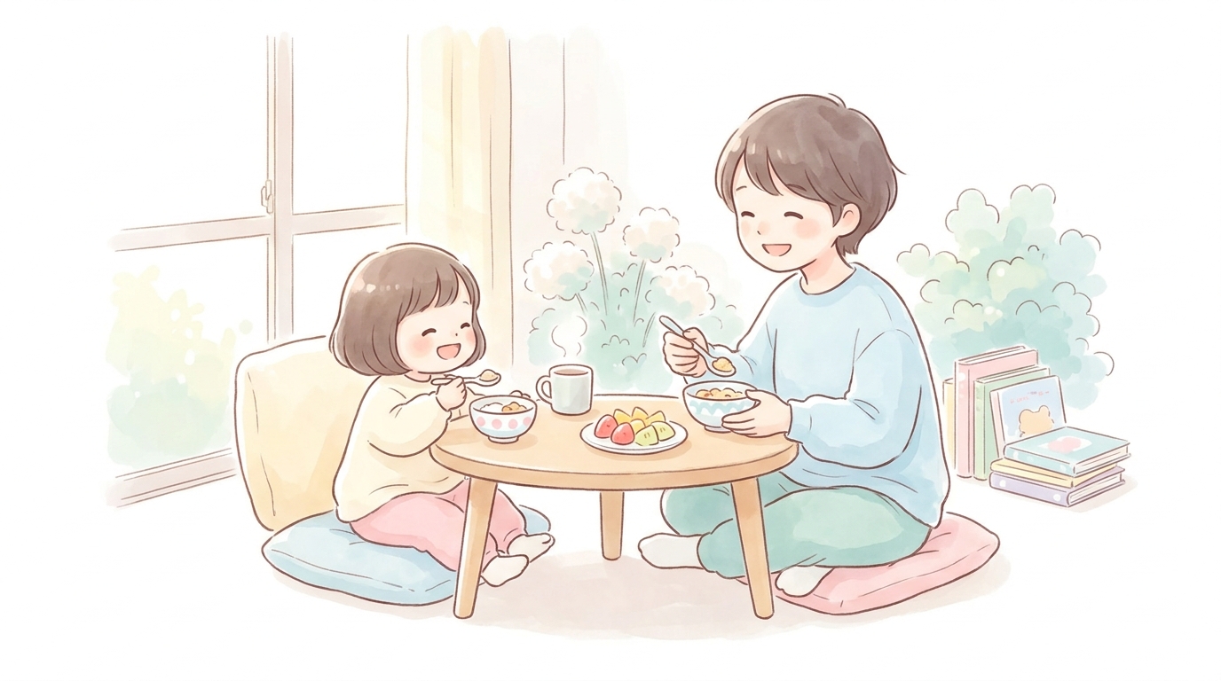 朝の柔らかな光が差し込むリビングで笑顔で朝食を楽しむ親子の幸せそうな日常風景