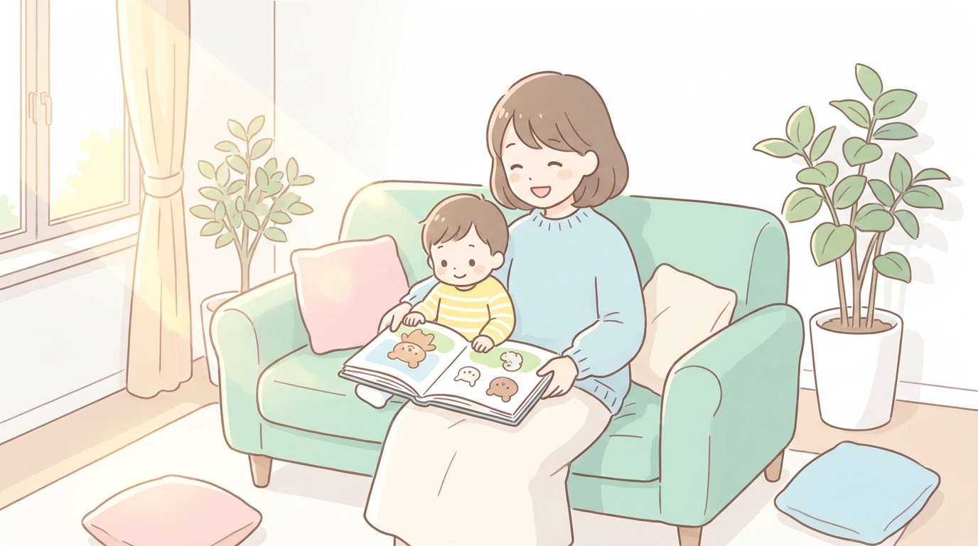 リビングのソファで3歳の子どもと笑顔で絵本を読む母親、自然光が差し込む温かい雰囲気