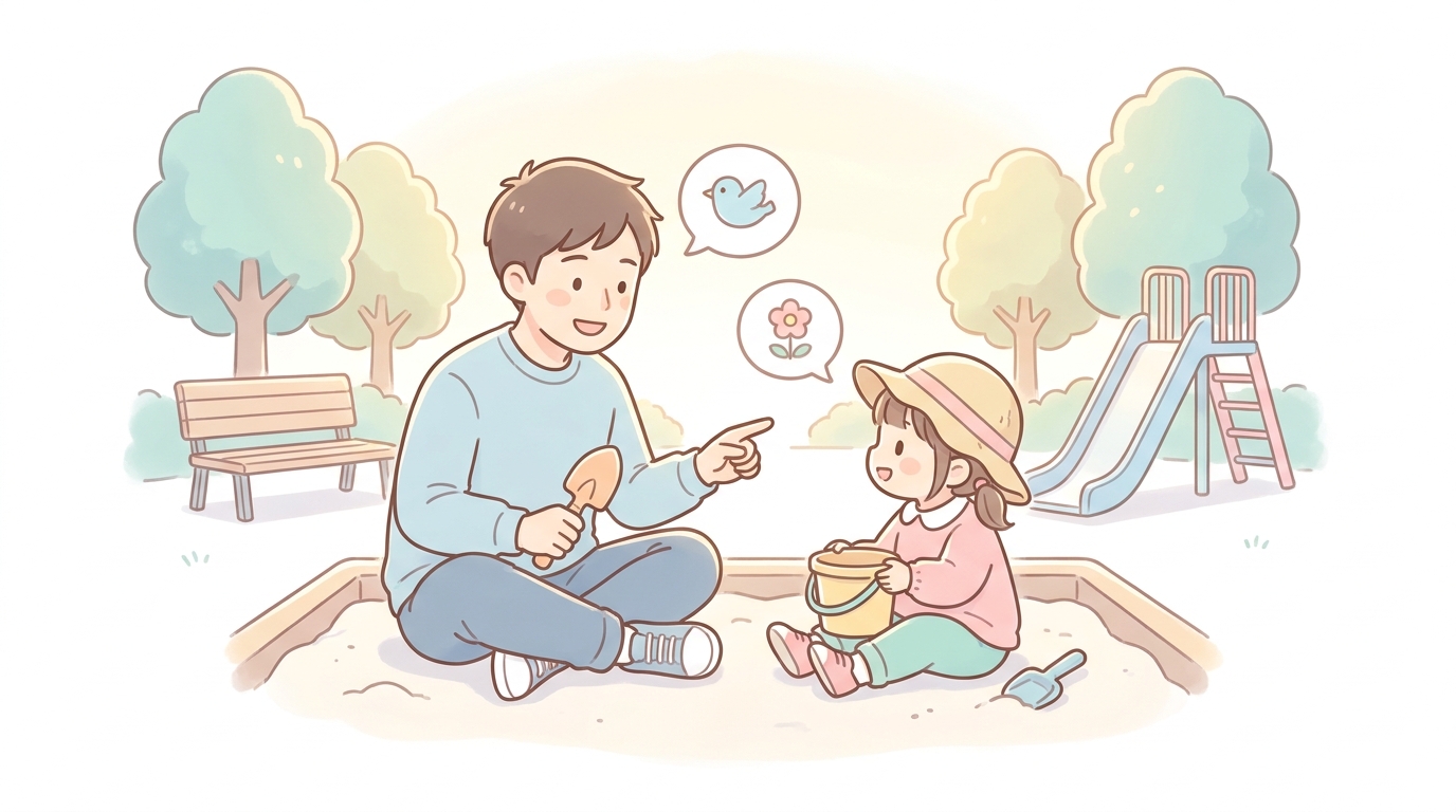 公園で砂遊びをしながら親子で会話する3歳の女の子と父親、明るい午後の風景