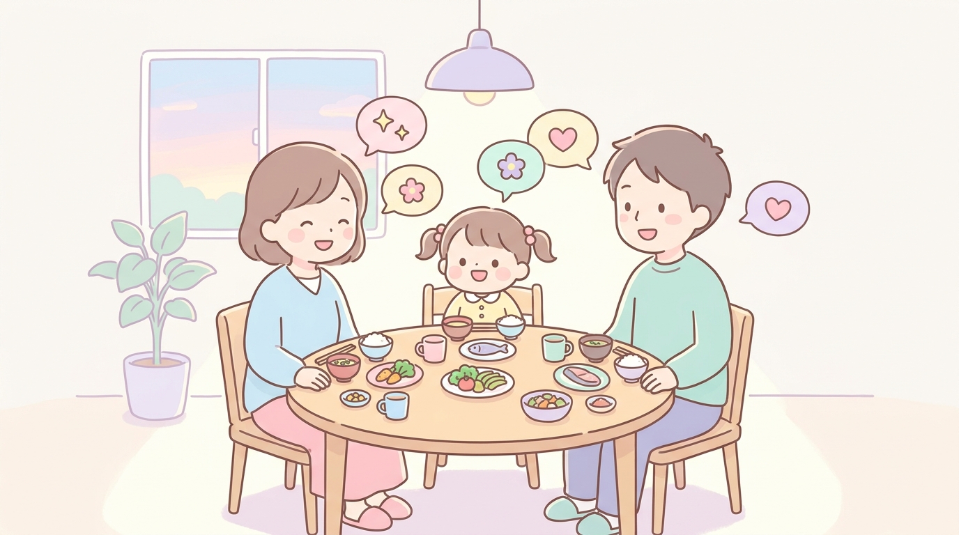 ダイニングテーブルで親子3人が夕食を食べながら笑顔で会話している温かなシーン