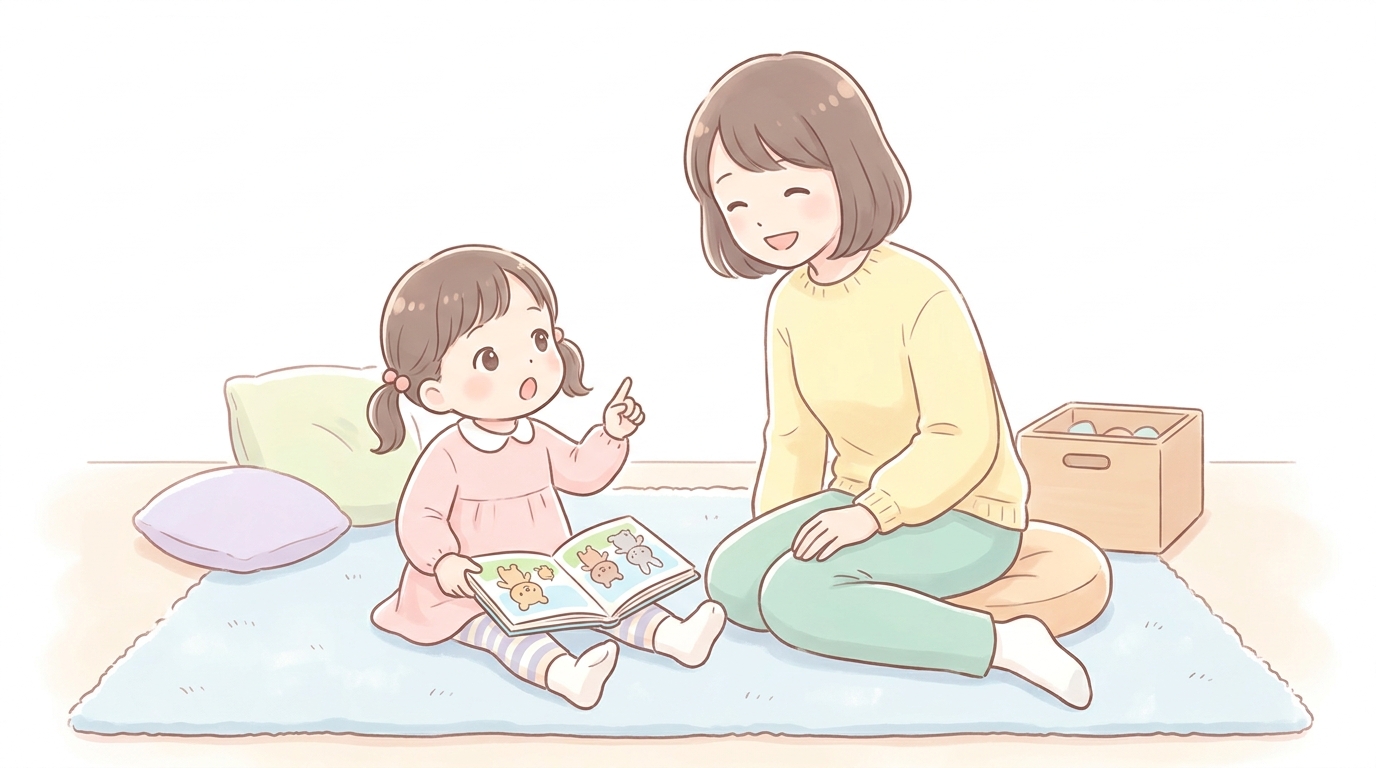 リビングで絵本を広げながら興味津々の表情で母親に質問する3歳くらいの女の子