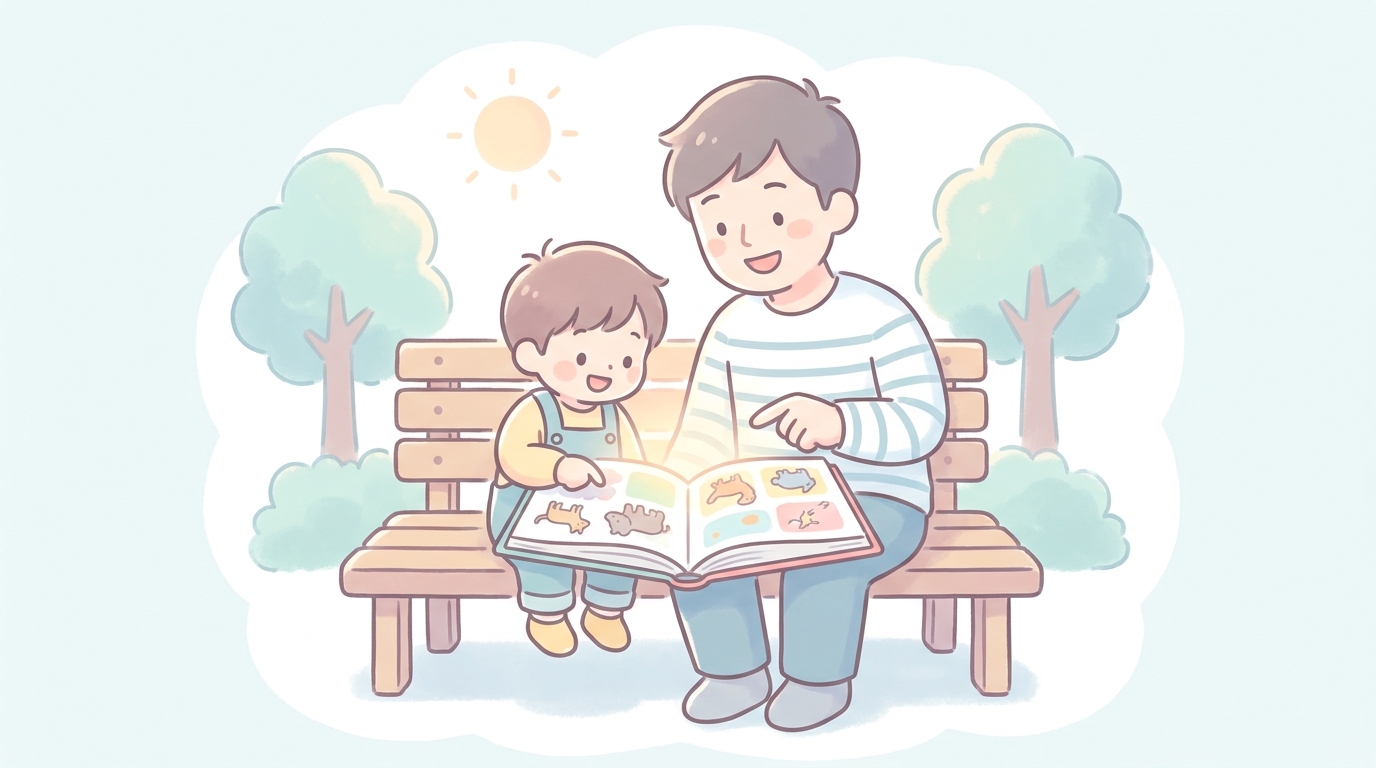公園のベンチで子どもと一緒に図鑑を覗き込みながら笑顔で会話する父親と3歳の男の子