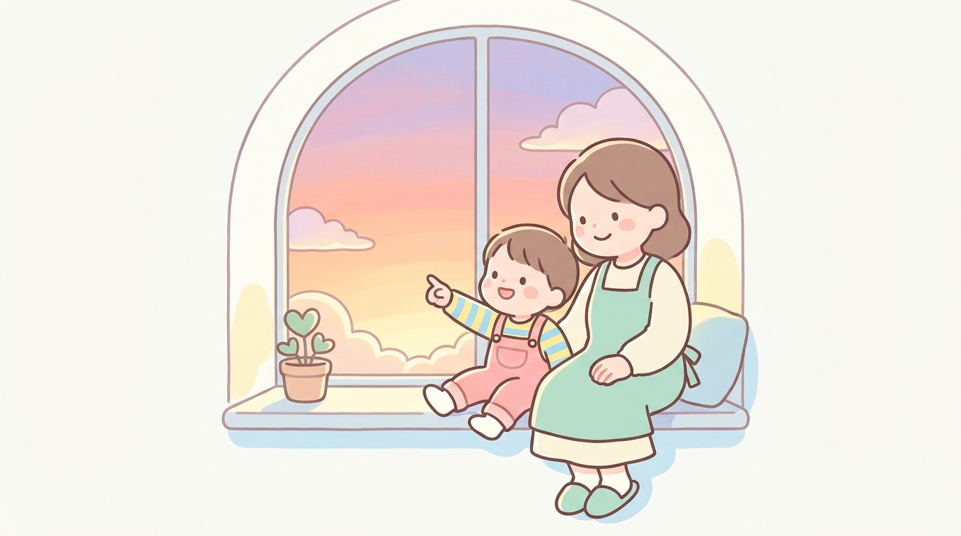 夕暮れの窓辺で空を見上げながら不思議そうに指をさす3歳の子どもとその様子を見守る母親