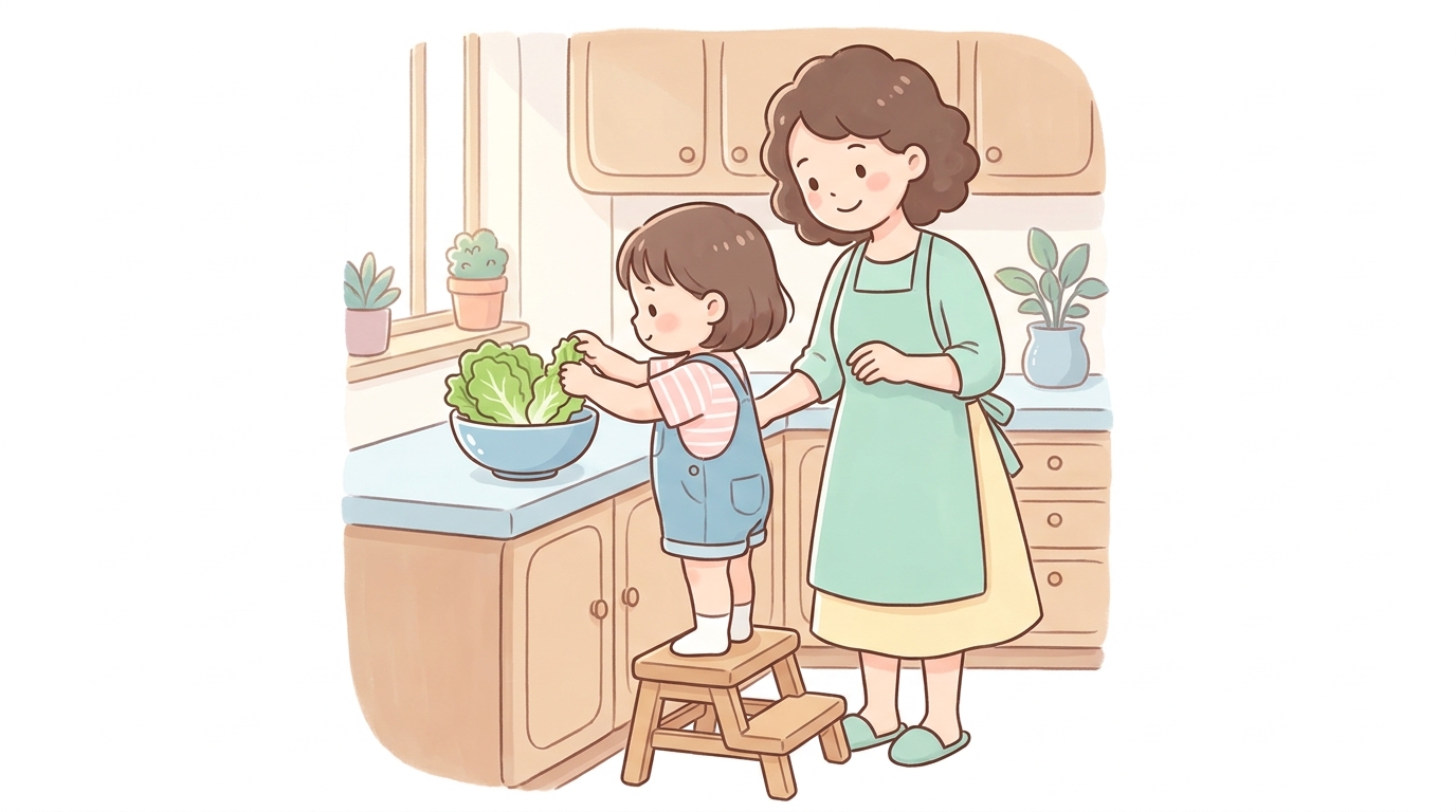キッチンで踏み台に乗ってレタスをちぎる3歳くらいの女の子と、笑顔で見守る母親