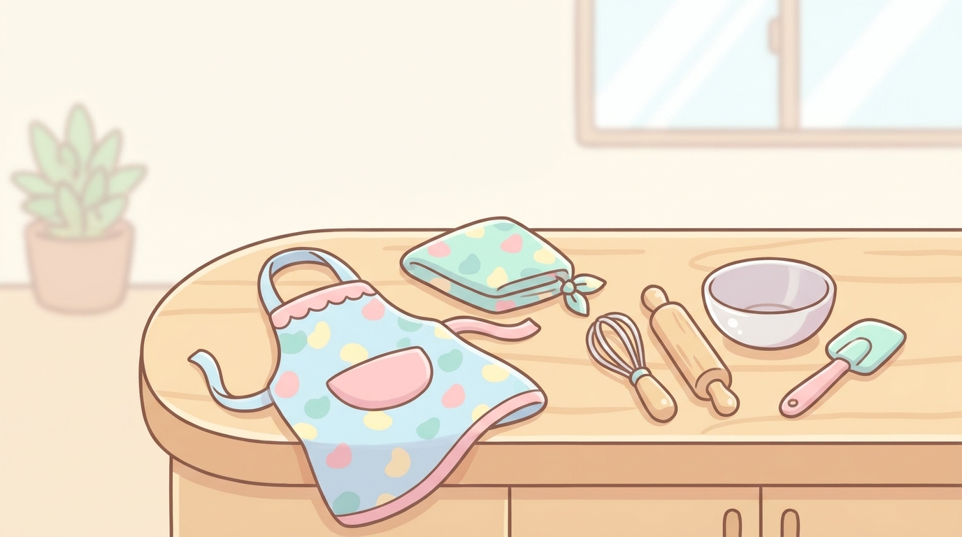 子ども用の小さなエプロンと三角巾、ミニサイズの調理道具がキッチンカウンターに並ぶ様子