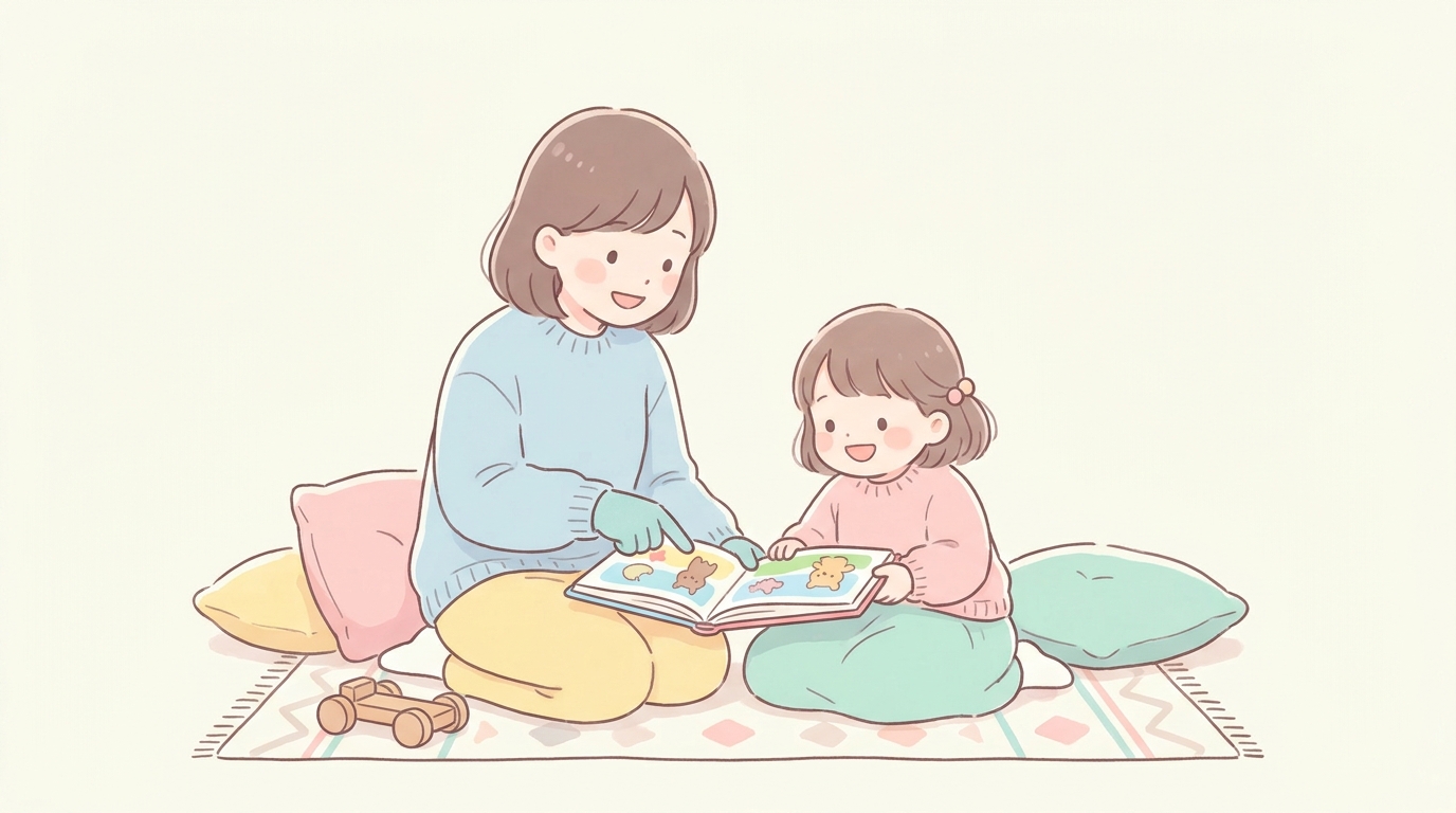 リビングの床に座り、母親と一緒に絵本を指さしながら笑顔でひらがなを読む3歳の女の子