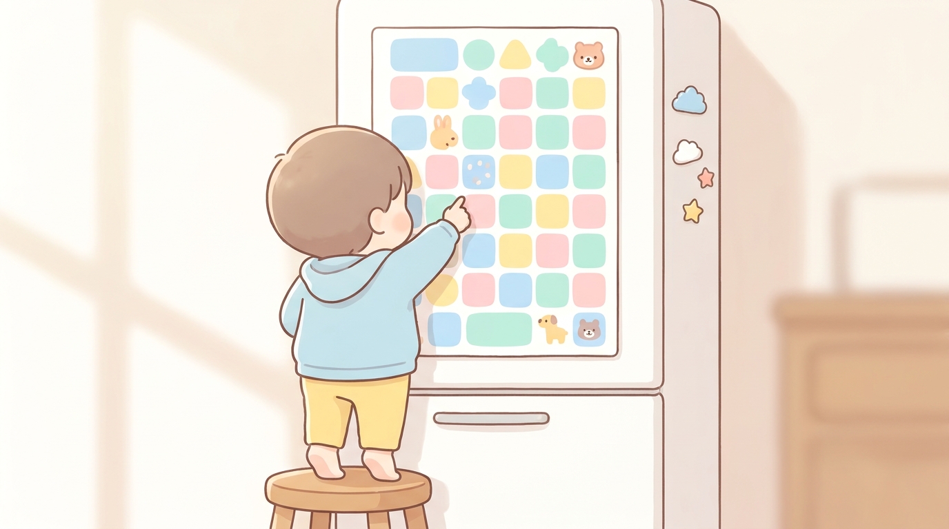 冷蔵庫に貼られたカラフルなひらがな表を、つま先立ちで指さしている3歳の男の子の後ろ姿
