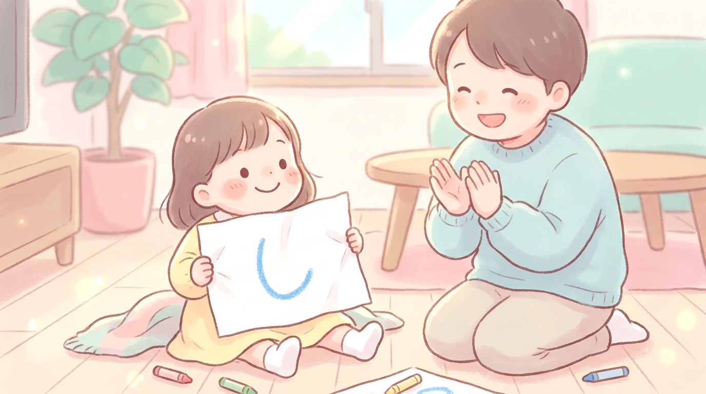 大きな白い紙にクレヨンで「し」と書いた3歳の女の子が、嬉しそうに親に見せている温かい家庭の雰囲気
