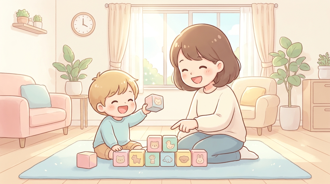 明るいリビングで親子が積み木を並べながら笑顔で数を数えている温かい雰囲気のシーン