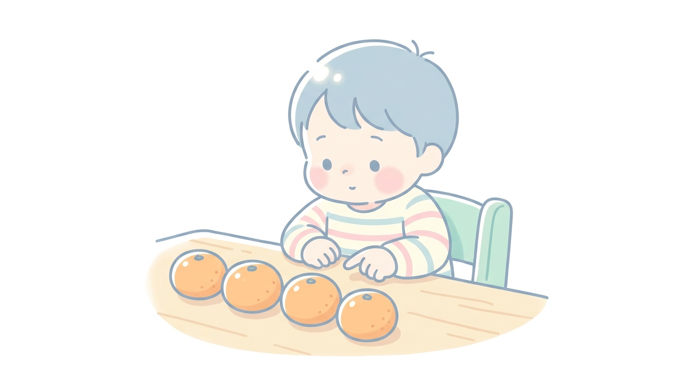 3歳くらいの子どもが食卓でみかんを並べて指差しながら数を数えている様子