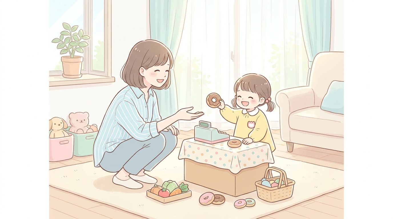 リビングでお店屋さんごっこを楽しむ3歳の女の子と笑顔で付き合う母親、明るい自然光の差し込む温かい雰囲気