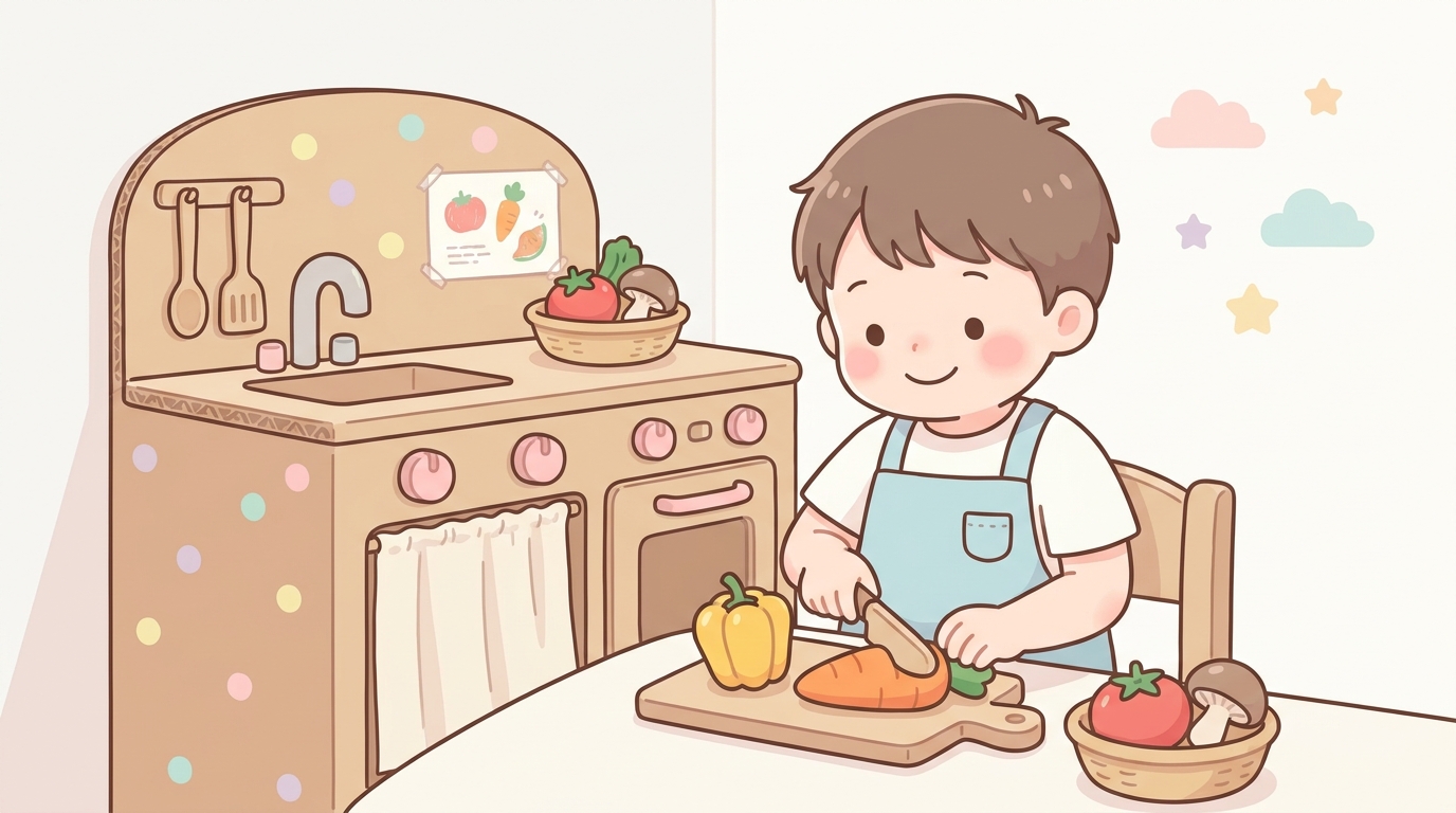 ダンボールで作った手作りキッチンでおままごとをする3歳の男の子、エプロン姿でおもちゃの野菜を切る様子
