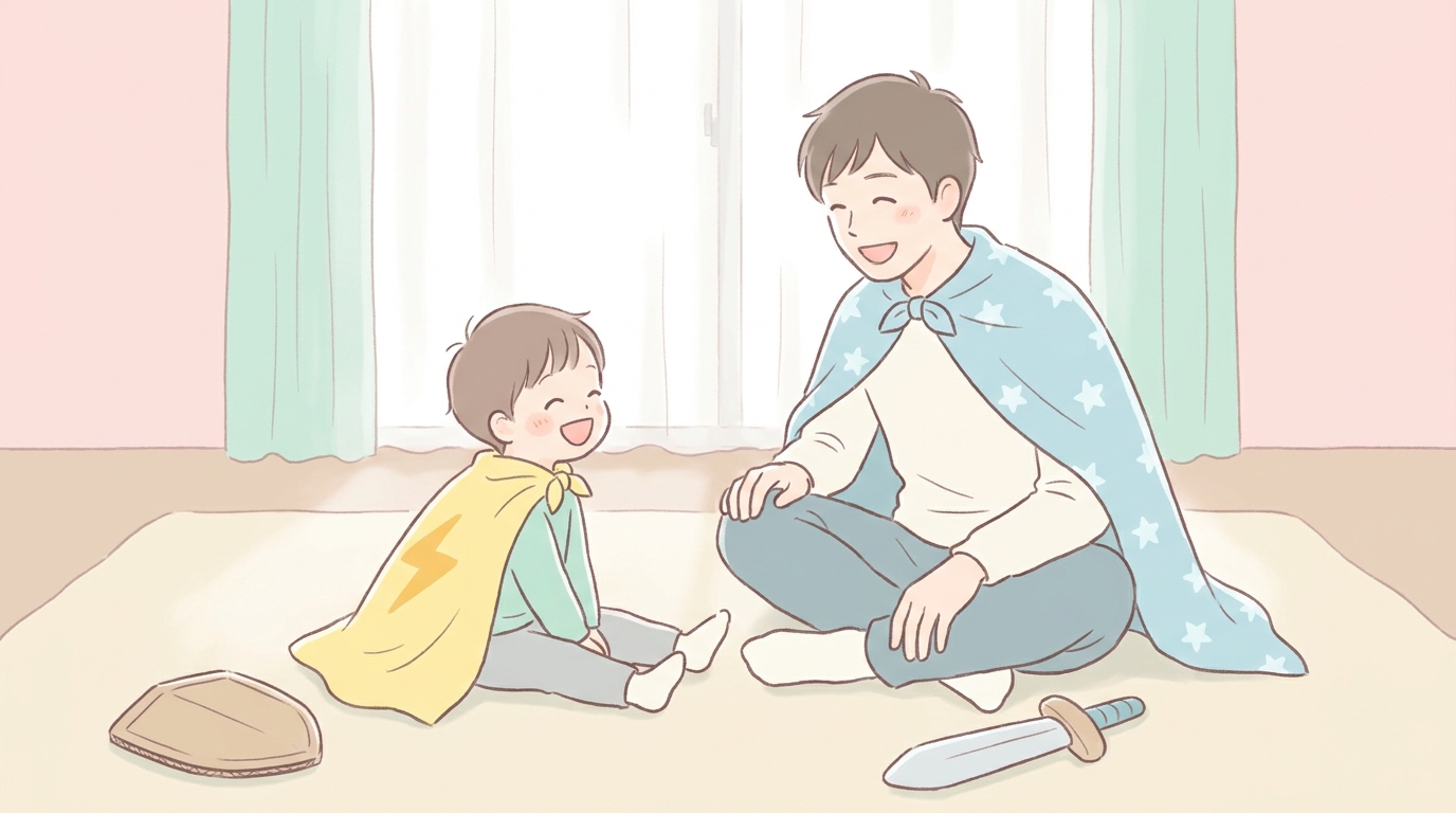 床に座ってヒーローごっこをする父親と3歳の男の子、手作りのマントを羽織って笑顔で遊ぶ温かい家庭の風景