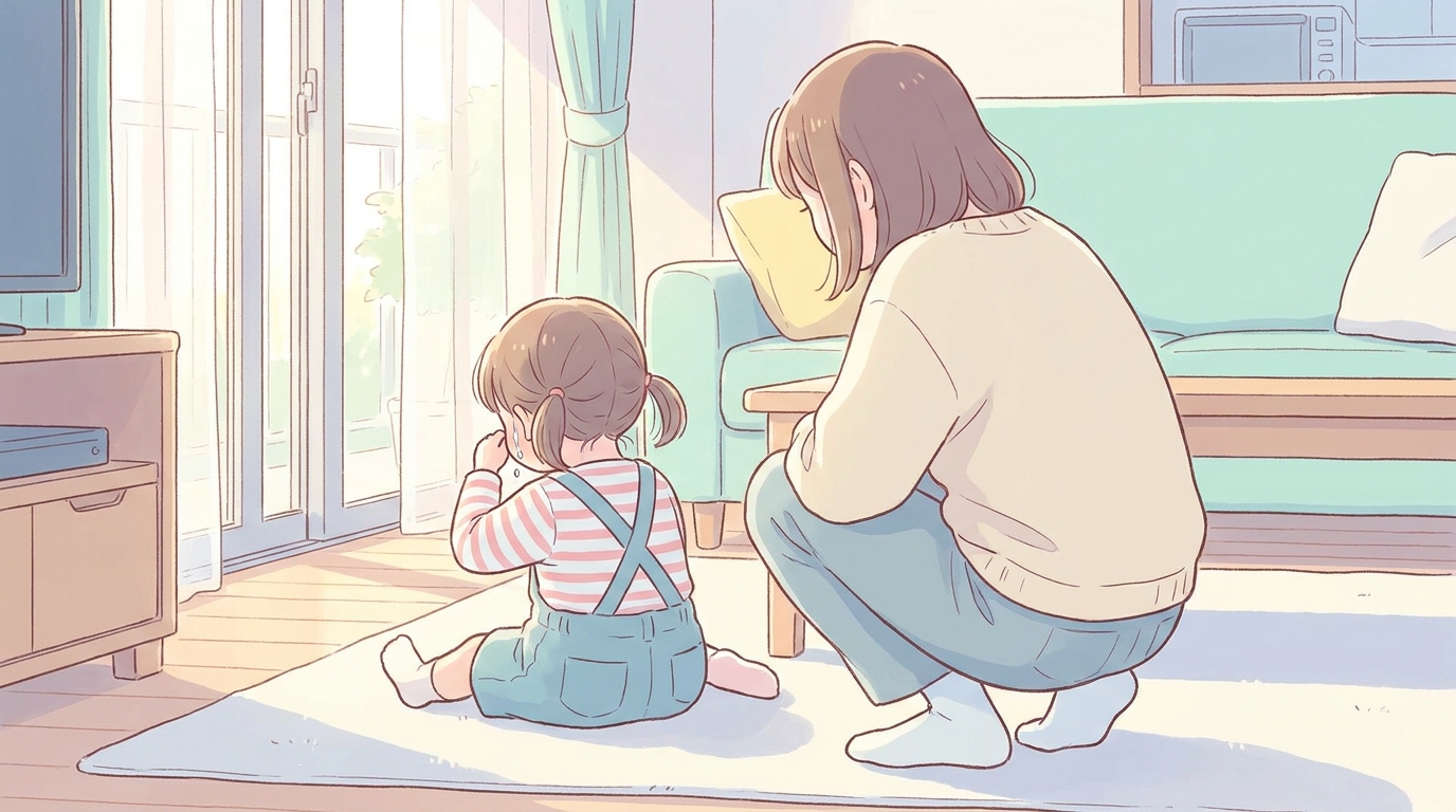 床に座り込んで泣きじゃくる3歳の女の子と、そっと寄り添ってしゃがむお母さんの後ろ姿、リビングの柔らかな自然光