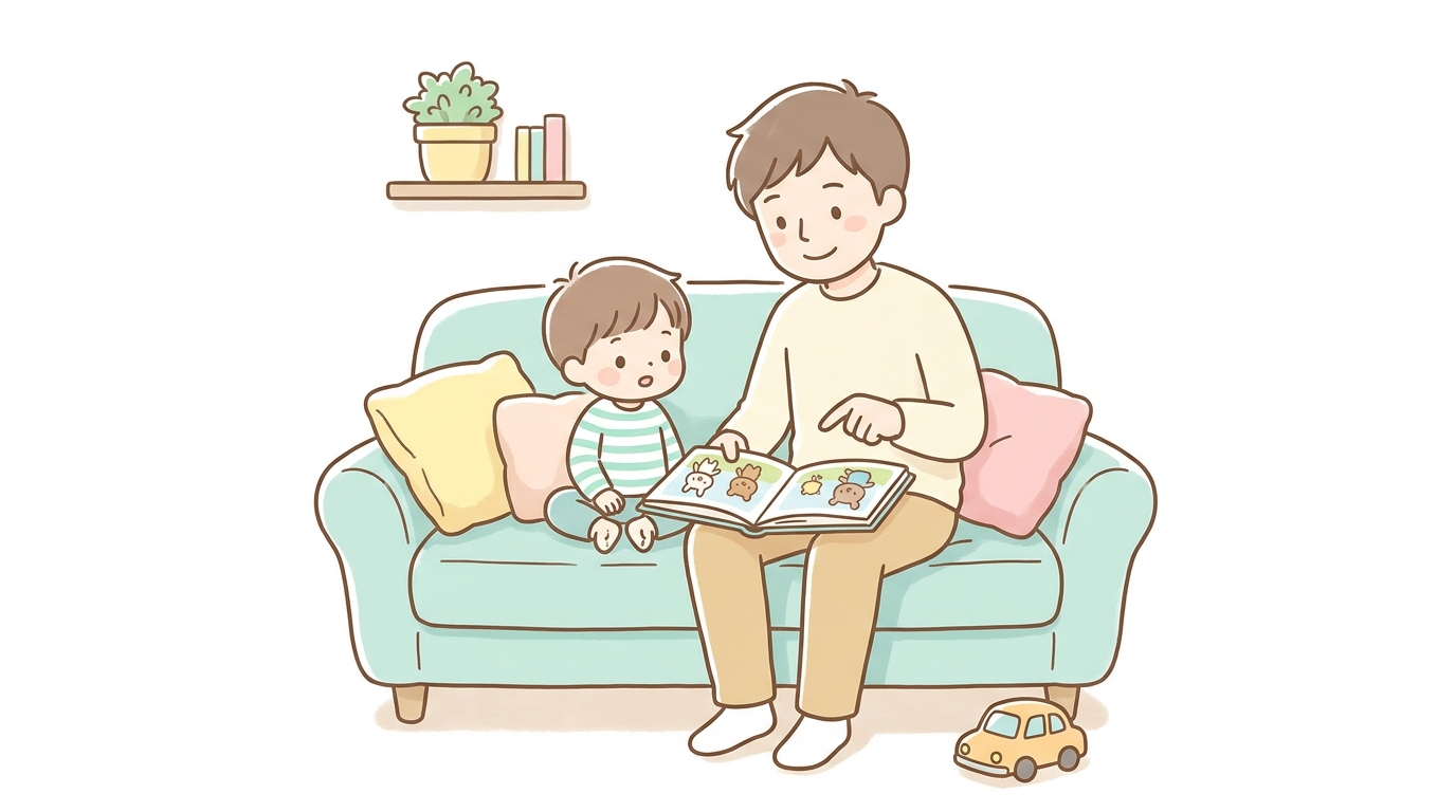 リビングのソファに座り、3歳の男の子と笑顔で絵本を読みながら指差して話しかけているお父さんの温かい様子
