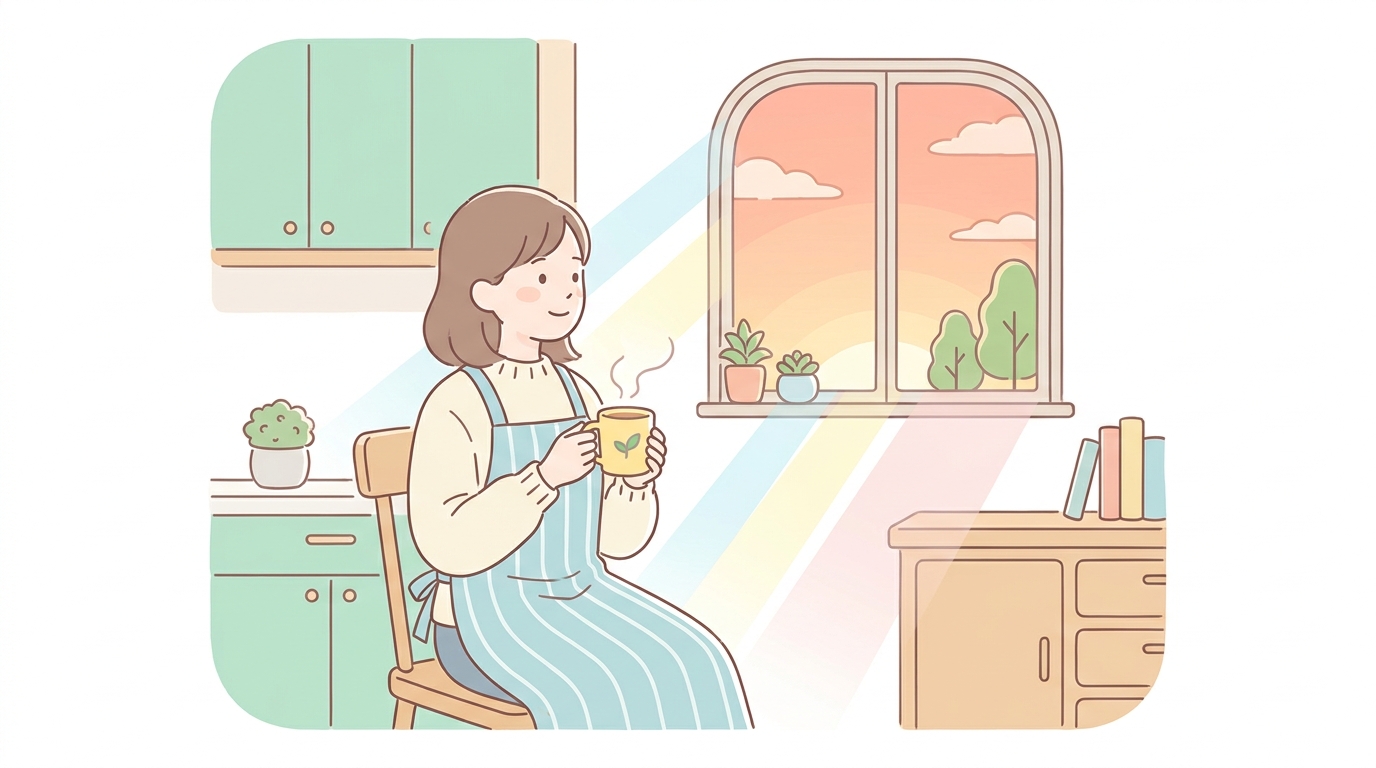 キッチンでハーブティーを飲みながら窓の外を眺め、ホッと一息ついている30代の母親、優しい朝日