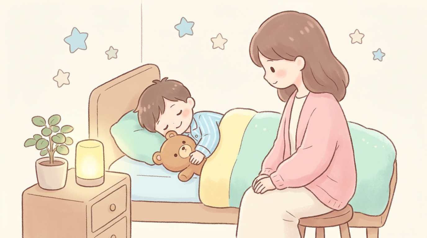 ベッドでぬいぐるみを抱きしめながら笑顔で眠る3歳くらいの男の子と、優しく見守る母親の温かい寝室の風景
