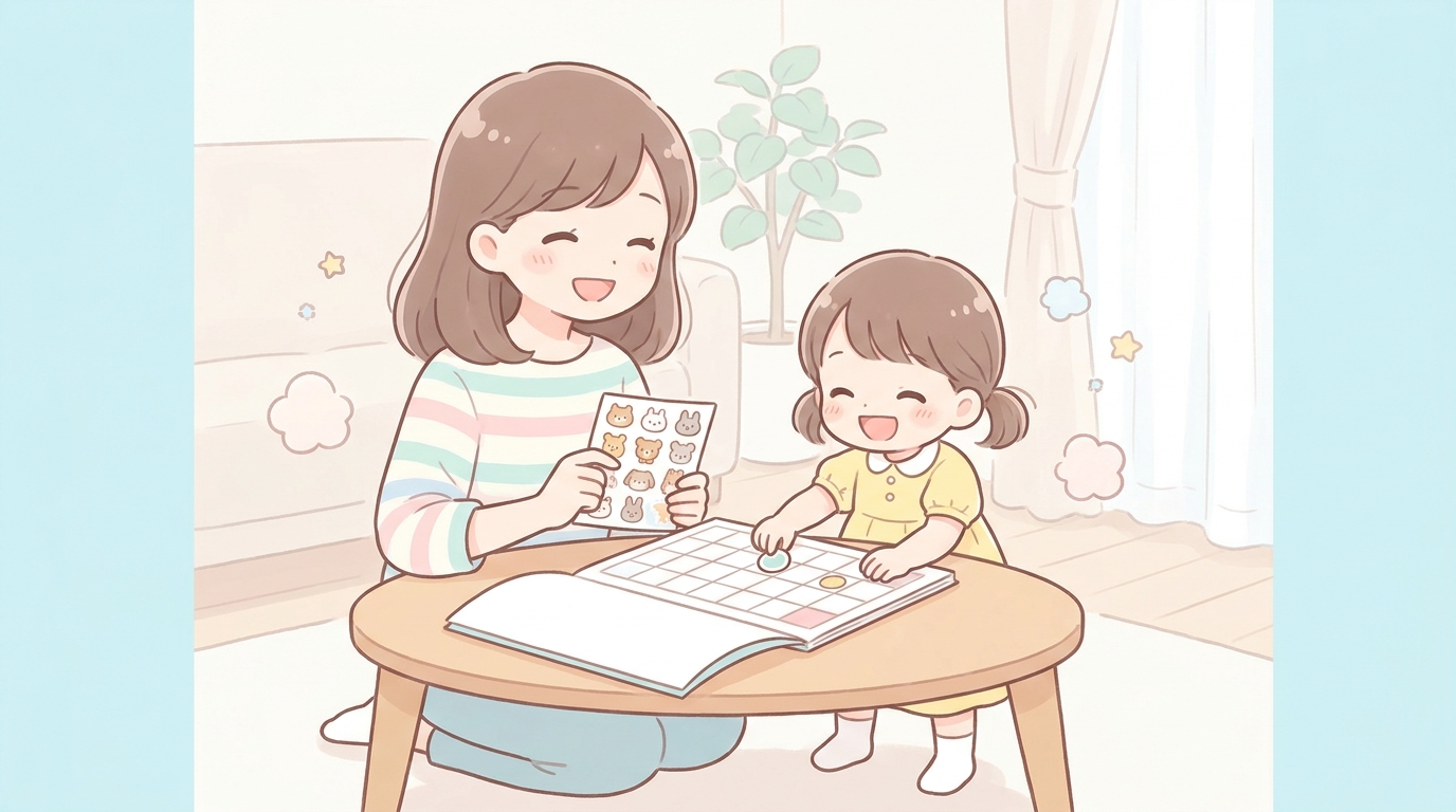 リビングのテーブルでカレンダーにシールを貼りながら笑顔で会話する母親と3歳の女の子の様子