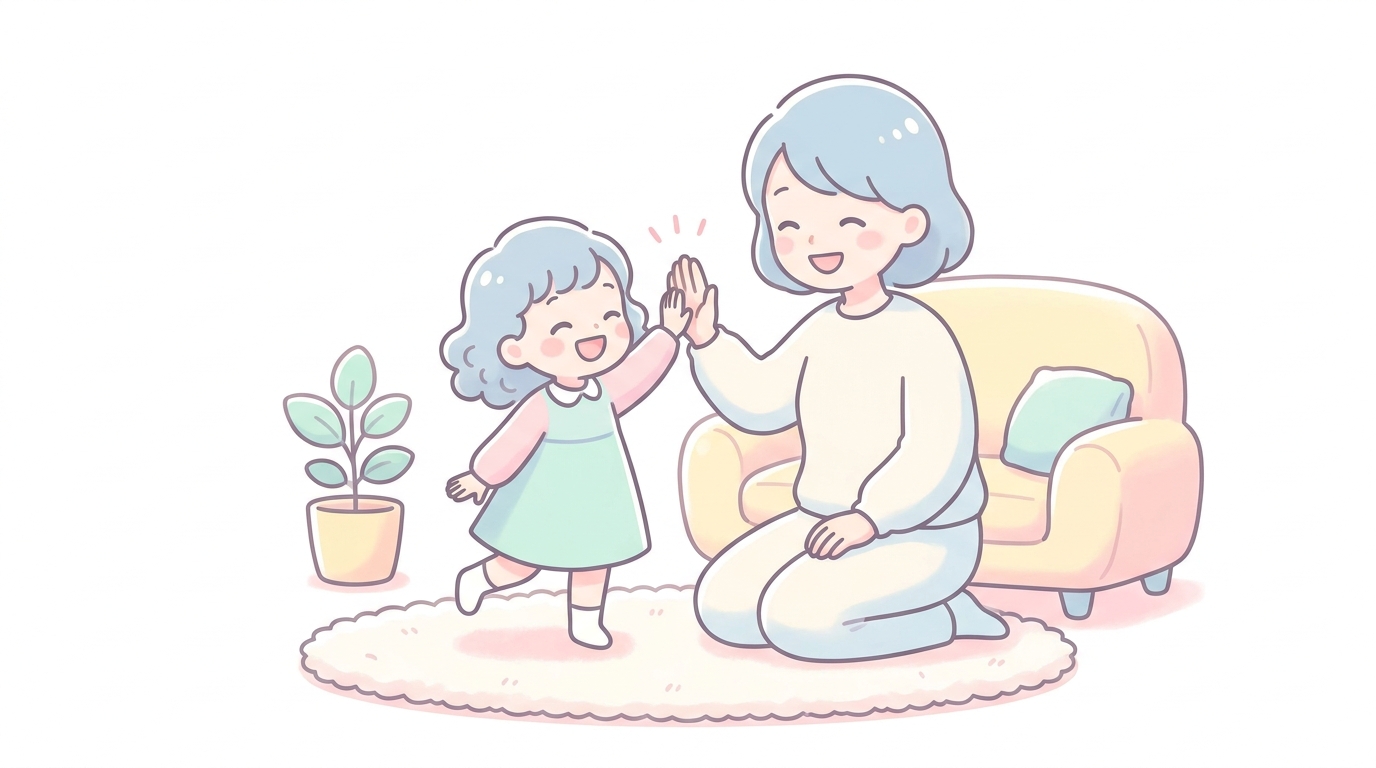 リビングで母親と3歳くらいの女の子が笑顔でハイタッチしている温かい雰囲気の様子