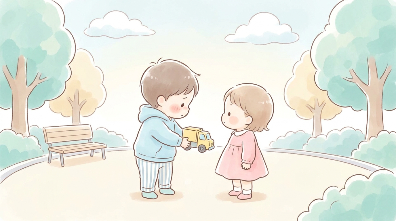 公園で3歳くらいの男の子がはにかみながら他の子におもちゃを差し出しているシーン