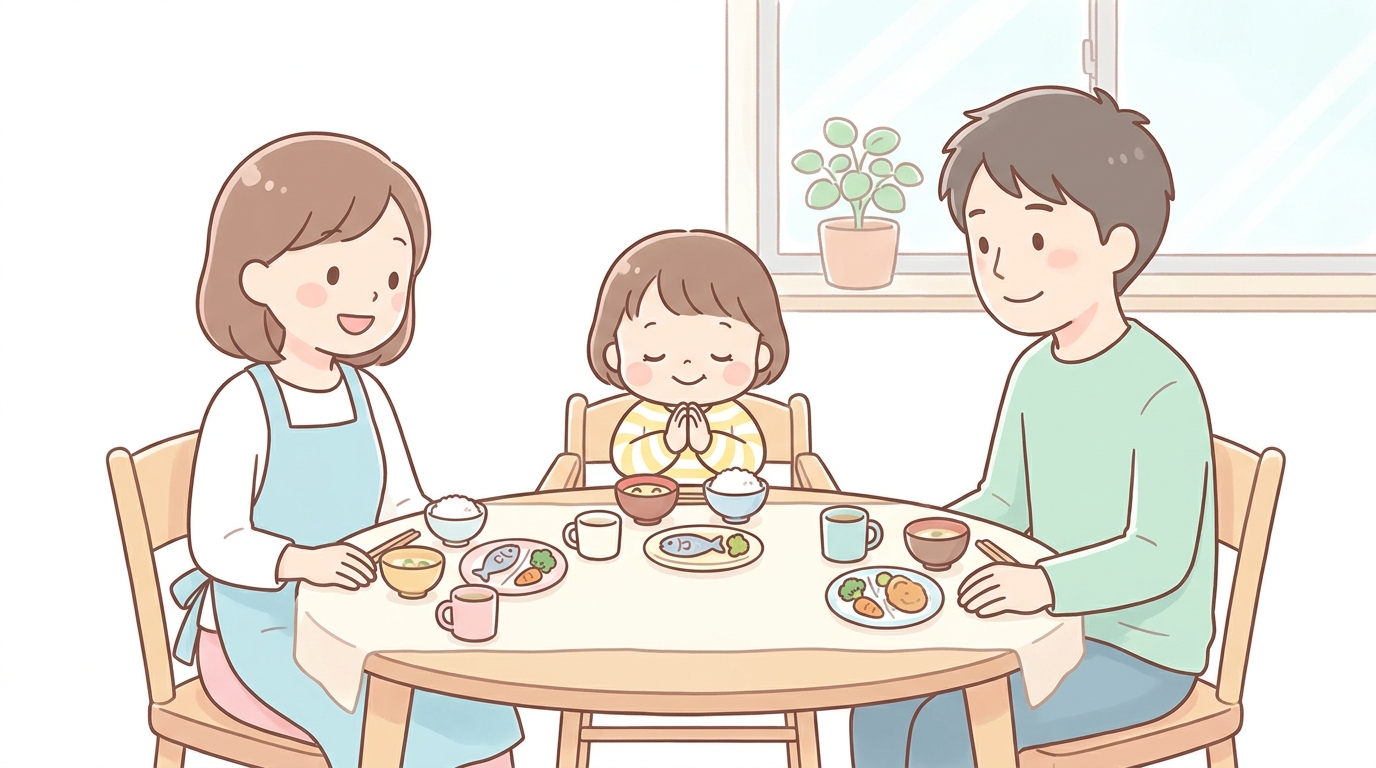 家族で食卓を囲み3歳の子どもが手を合わせていただきますをしている温かい食卓風景