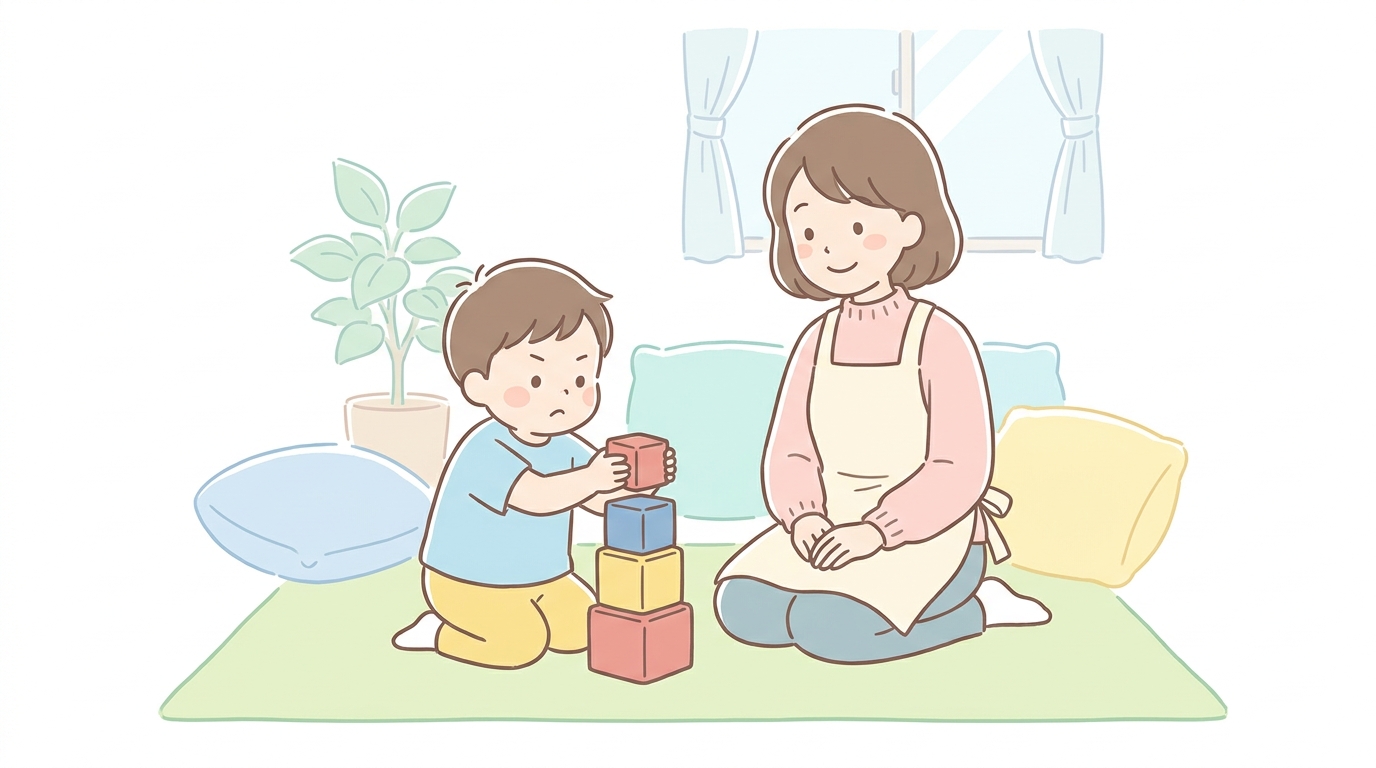 リビングの床でカラフルなブロックを真剣な表情で組み立てている3歳くらいの男の子と、隣で笑顔で見守る母親